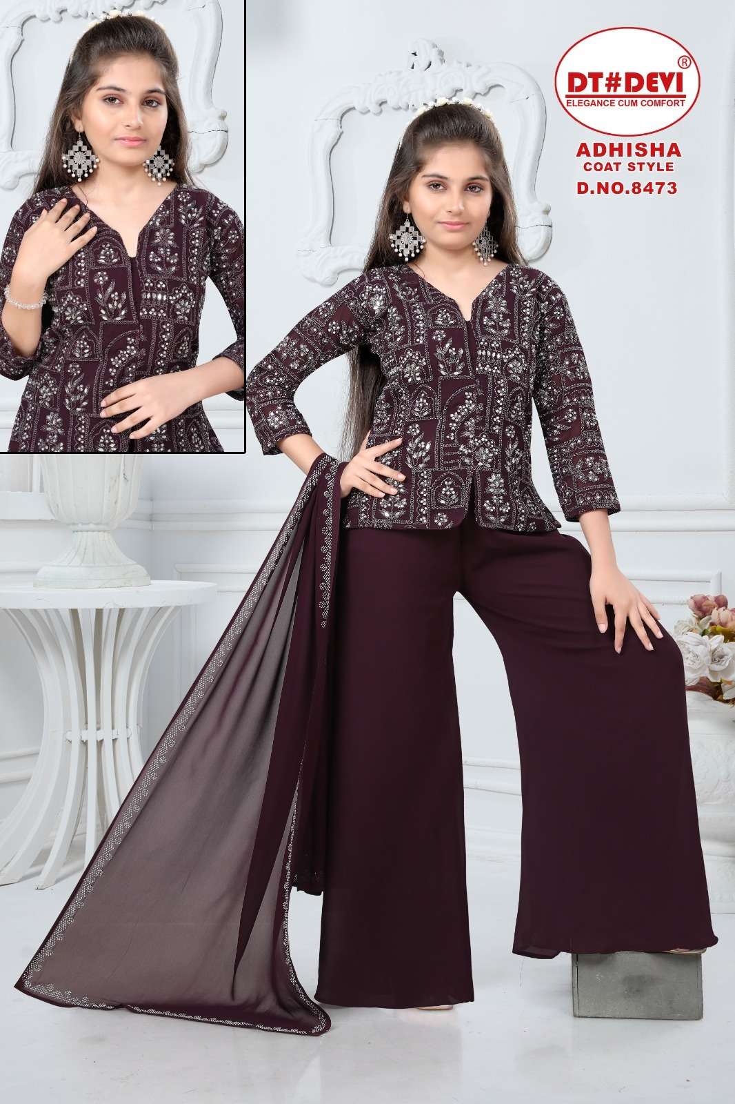 DT DEVI ADHISHA COAT STYLE TOP WITH PLAZZO & DUPATTA SET