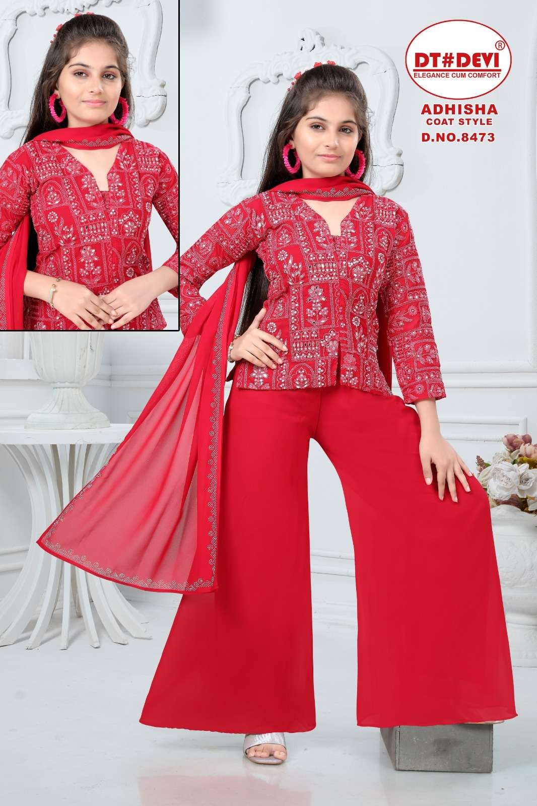 DT DEVI ADHISHA COAT STYLE TOP WITH PLAZZO & DUPATTA SET
