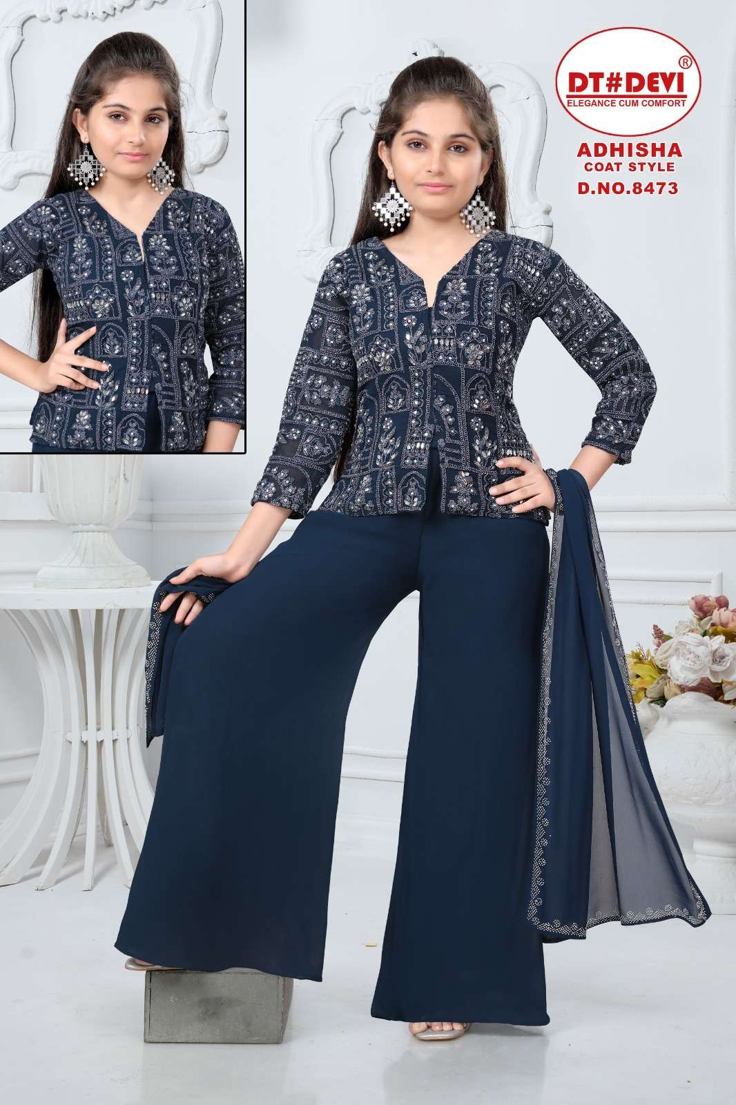 DT DEVI ADHISHA COAT STYLE TOP WITH PLAZZO & DUPATTA SET