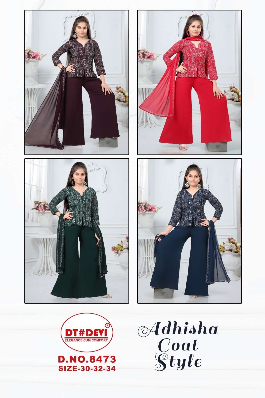 DT DEVI ADHISHA COAT STYLE TOP WITH PLAZZO & DUPATTA SET
