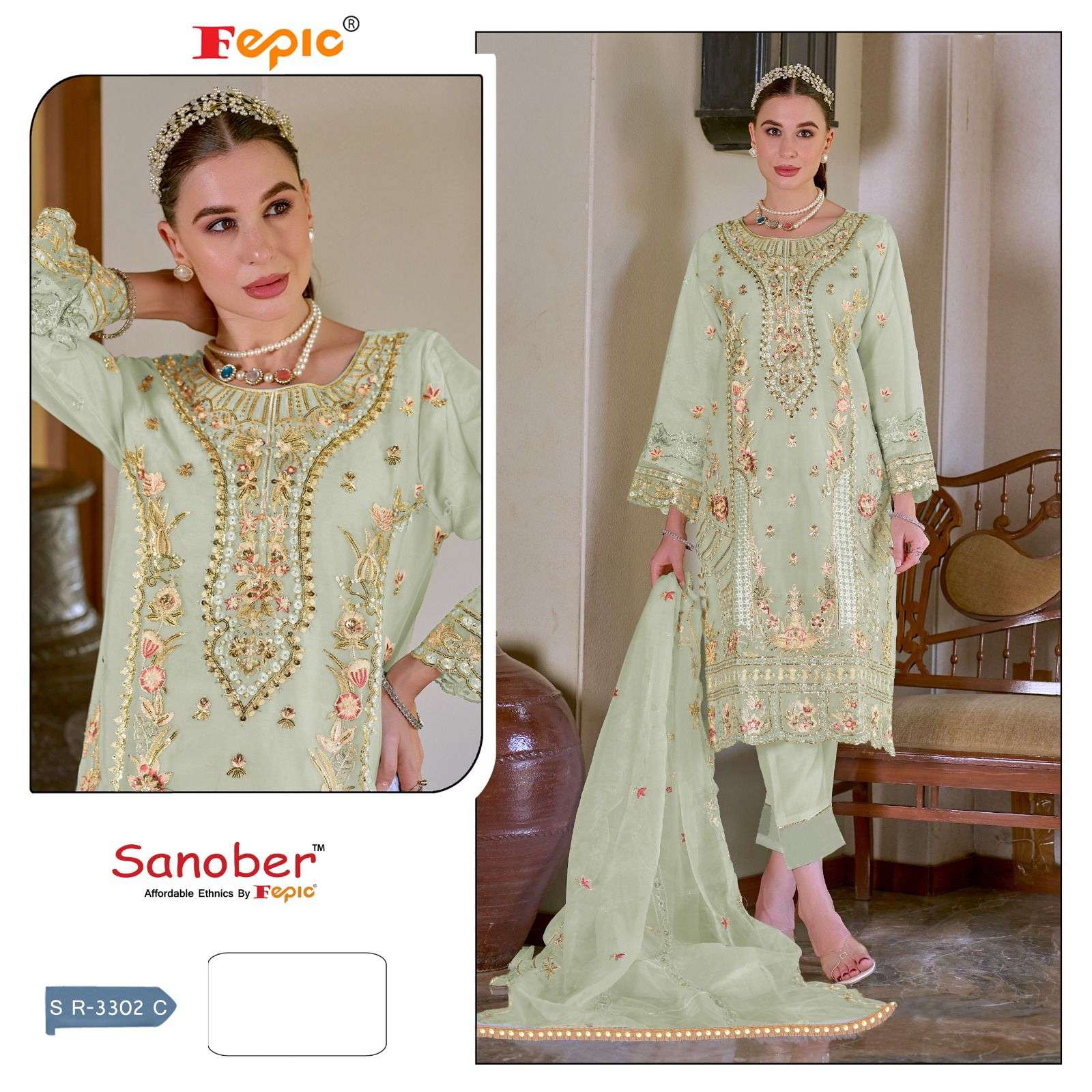 FEPIC SANOBER SR 3302 ORGANZA EMBROIDERED SUIT