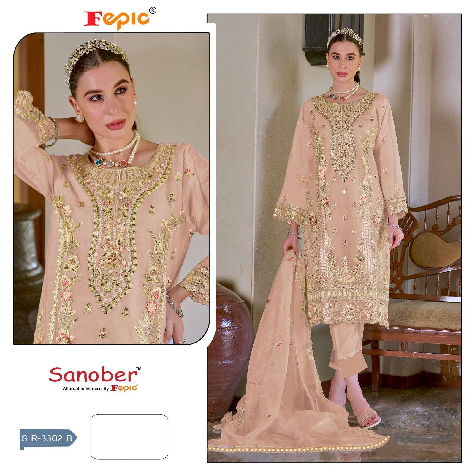 FEPIC SANOBER SR 3302 ORGANZA EMBROIDERED SUIT