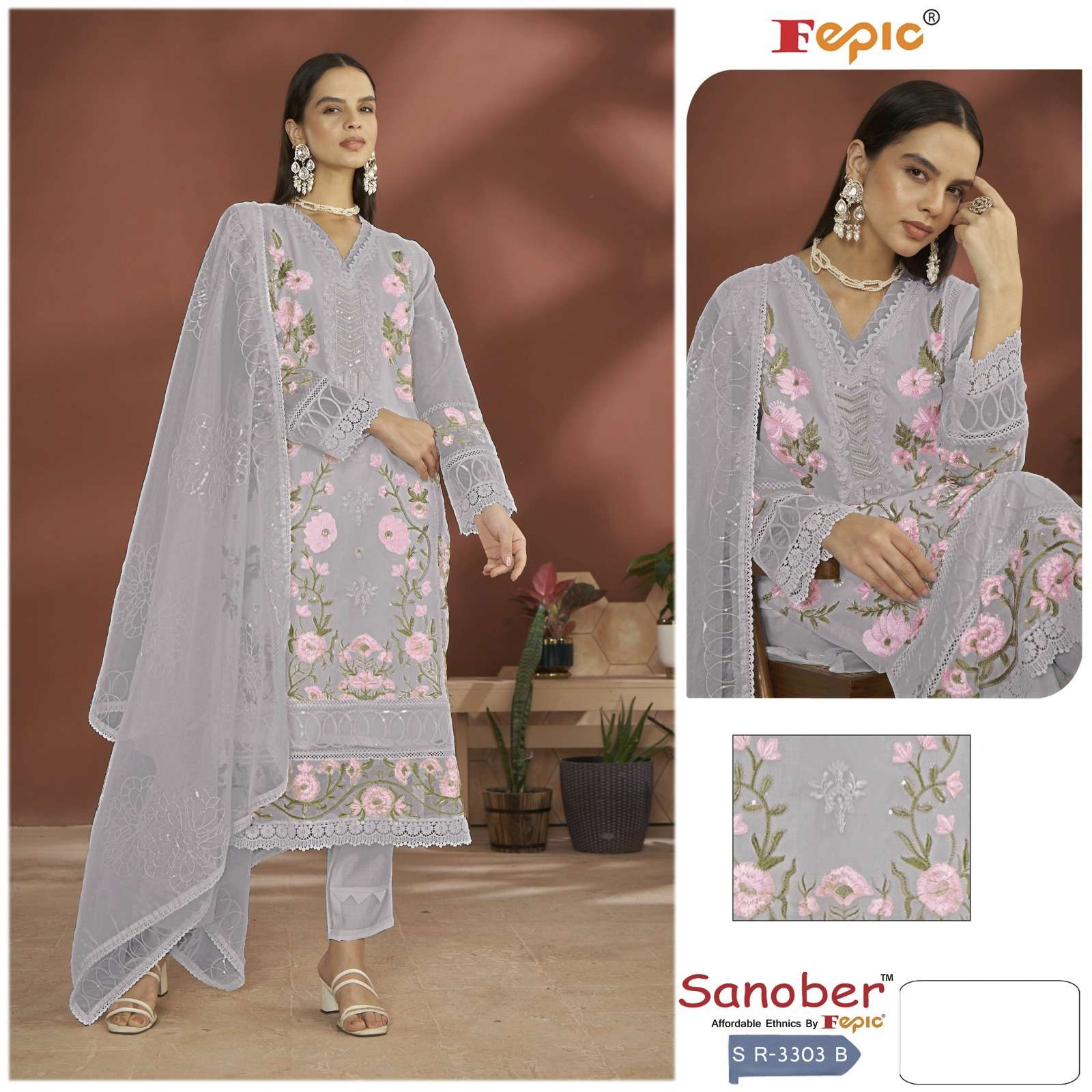 FEPIC SANOBER SR 3303 ORGANZA EMBROIDERED PAKISTANI SUIT