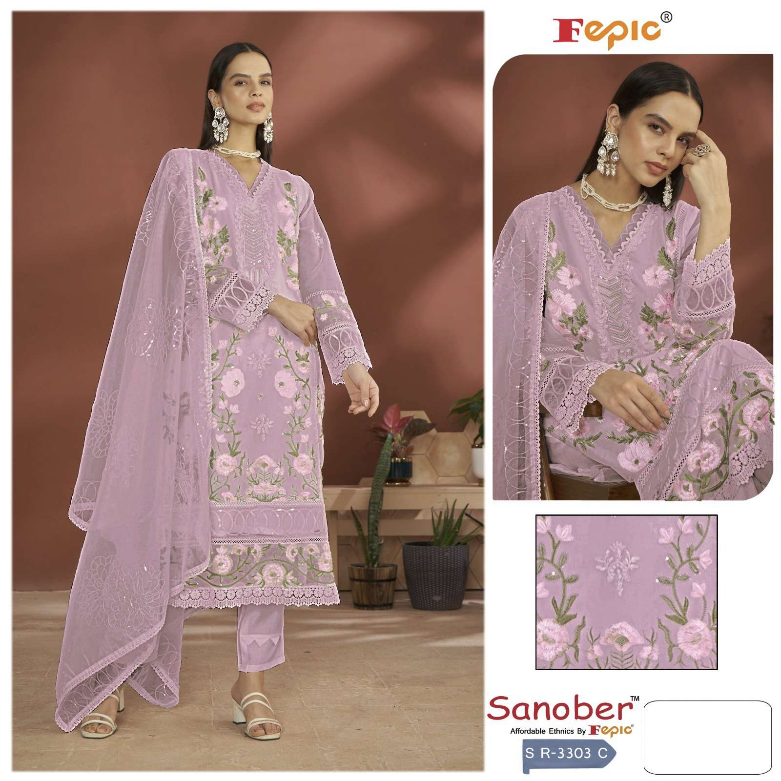 FEPIC SANOBER SR 3303 ORGANZA EMBROIDERED PAKISTANI SUIT