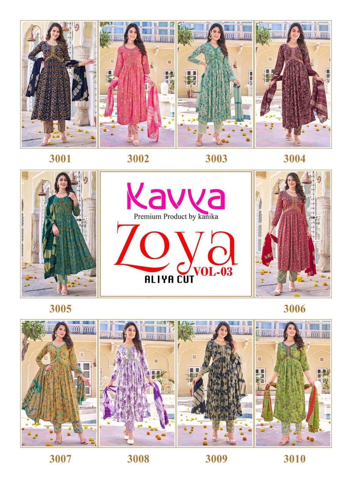 KAVYA ZOYA VOL 3 RAYON ALIA CUT STYLE FANCY KURTI COMBO SET 
