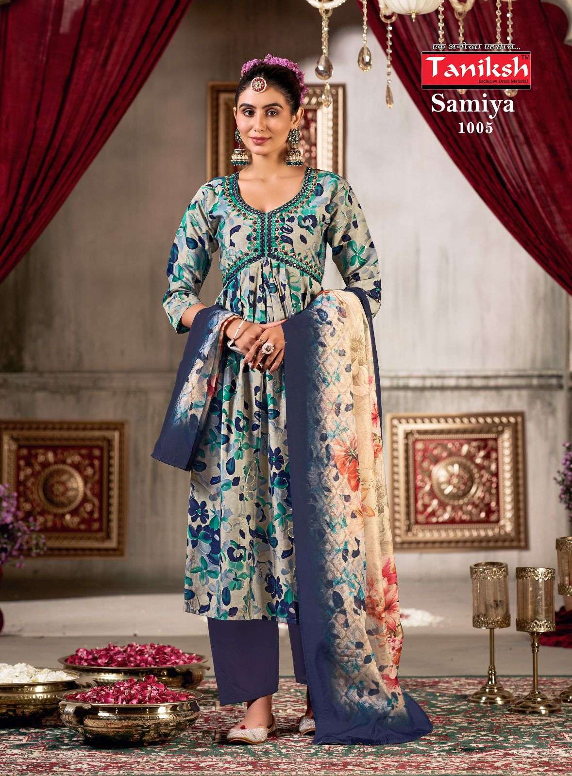 TANIKSH SAMIYA VOL 1 MUSLIN PRINT ALIA CUT STYLE KURTI COMBO SET 