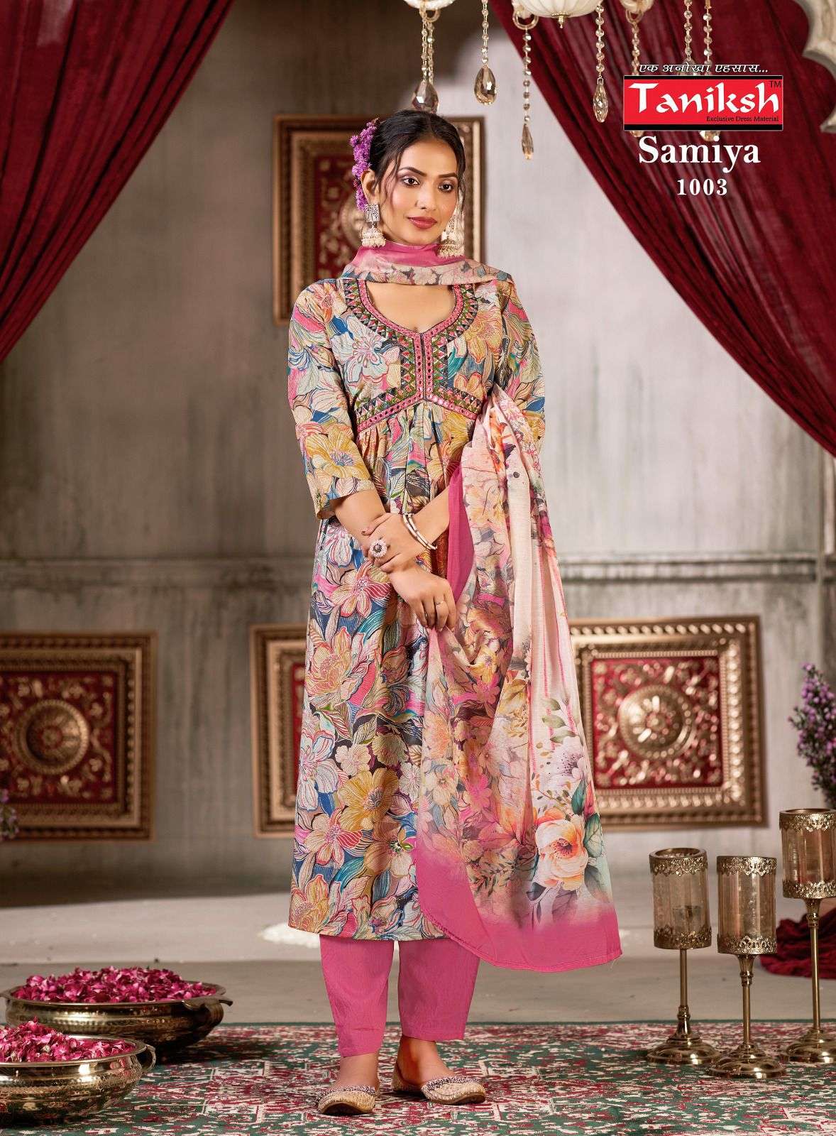 TANIKSH SAMIYA VOL 1 MUSLIN PRINT ALIA CUT STYLE KURTI COMBO SET 