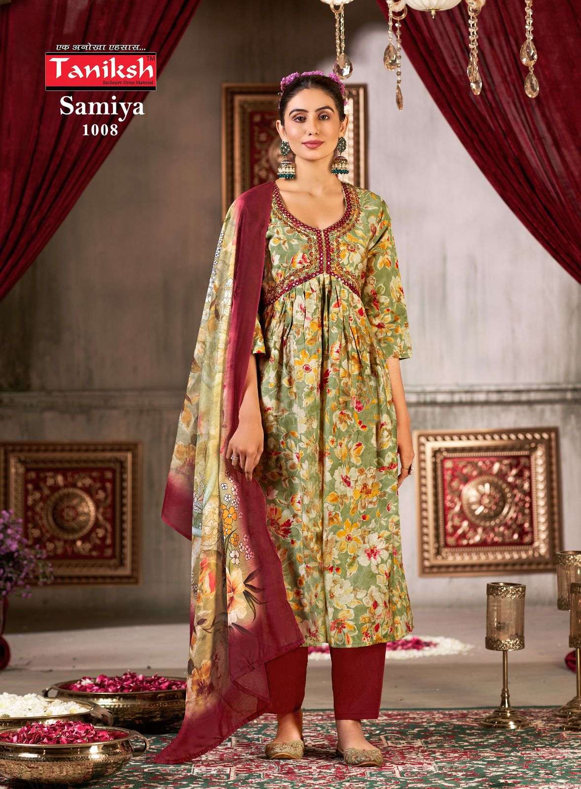 TANIKSH SAMIYA VOL 1 MUSLIN PRINT ALIA CUT STYLE KURTI COMBO SET 