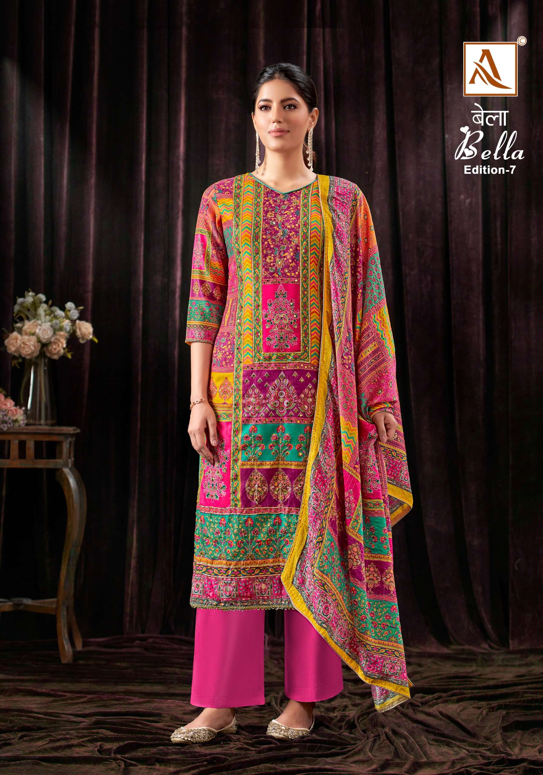 ALOK SUITS BELLA VOL 7 MUSLIN FANCY PRINT WITH WORK SUIT