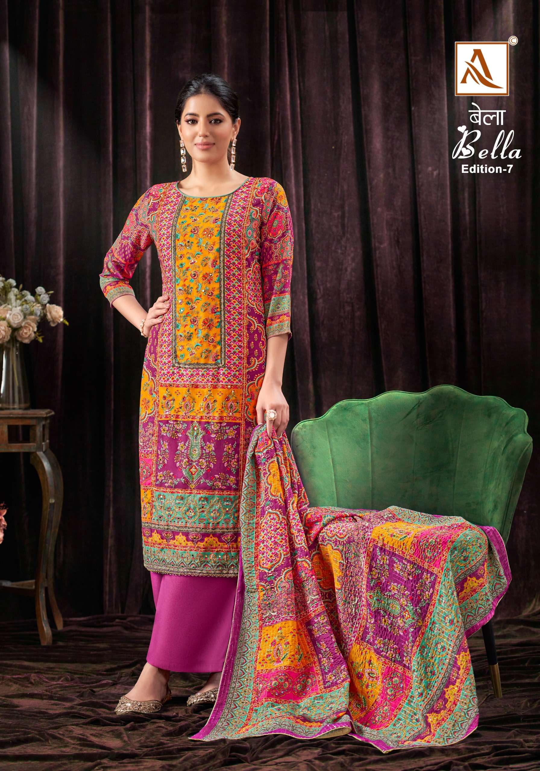 ALOK SUITS BELLA VOL 7 MUSLIN FANCY PRINT WITH WORK SUIT