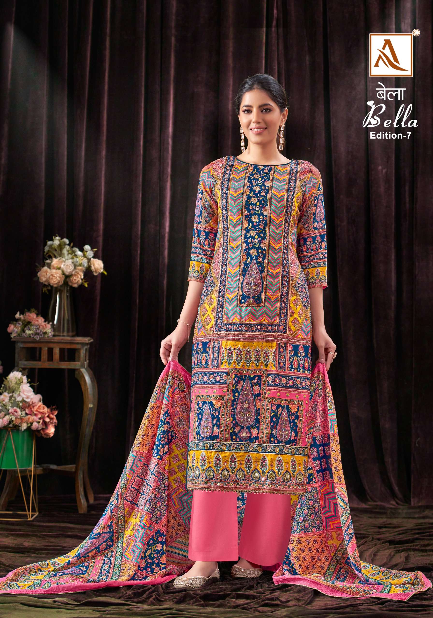 ALOK SUITS BELLA VOL 7 MUSLIN FANCY PRINT WITH WORK SUIT