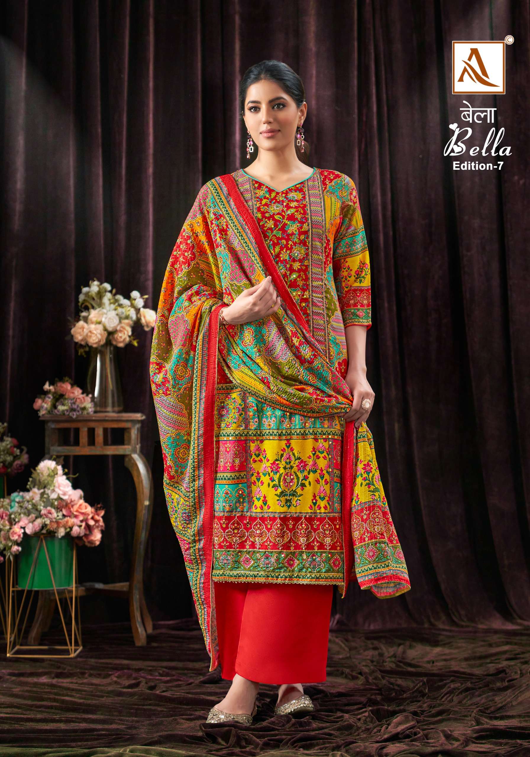 ALOK SUITS BELLA VOL 7 MUSLIN FANCY PRINT WITH WORK SUIT