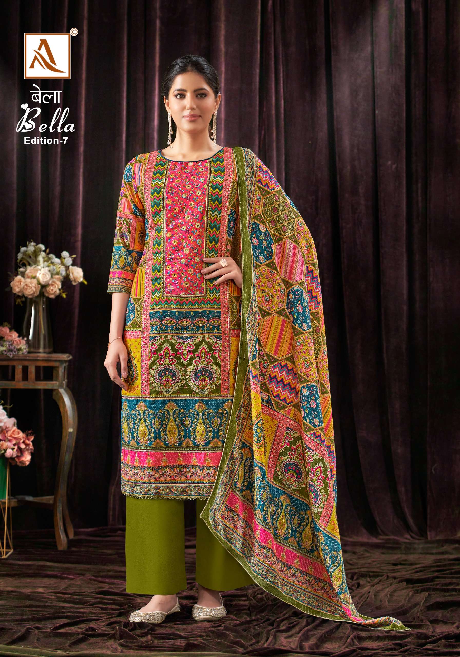 ALOK SUITS BELLA VOL 7 MUSLIN FANCY PRINT WITH WORK SUIT