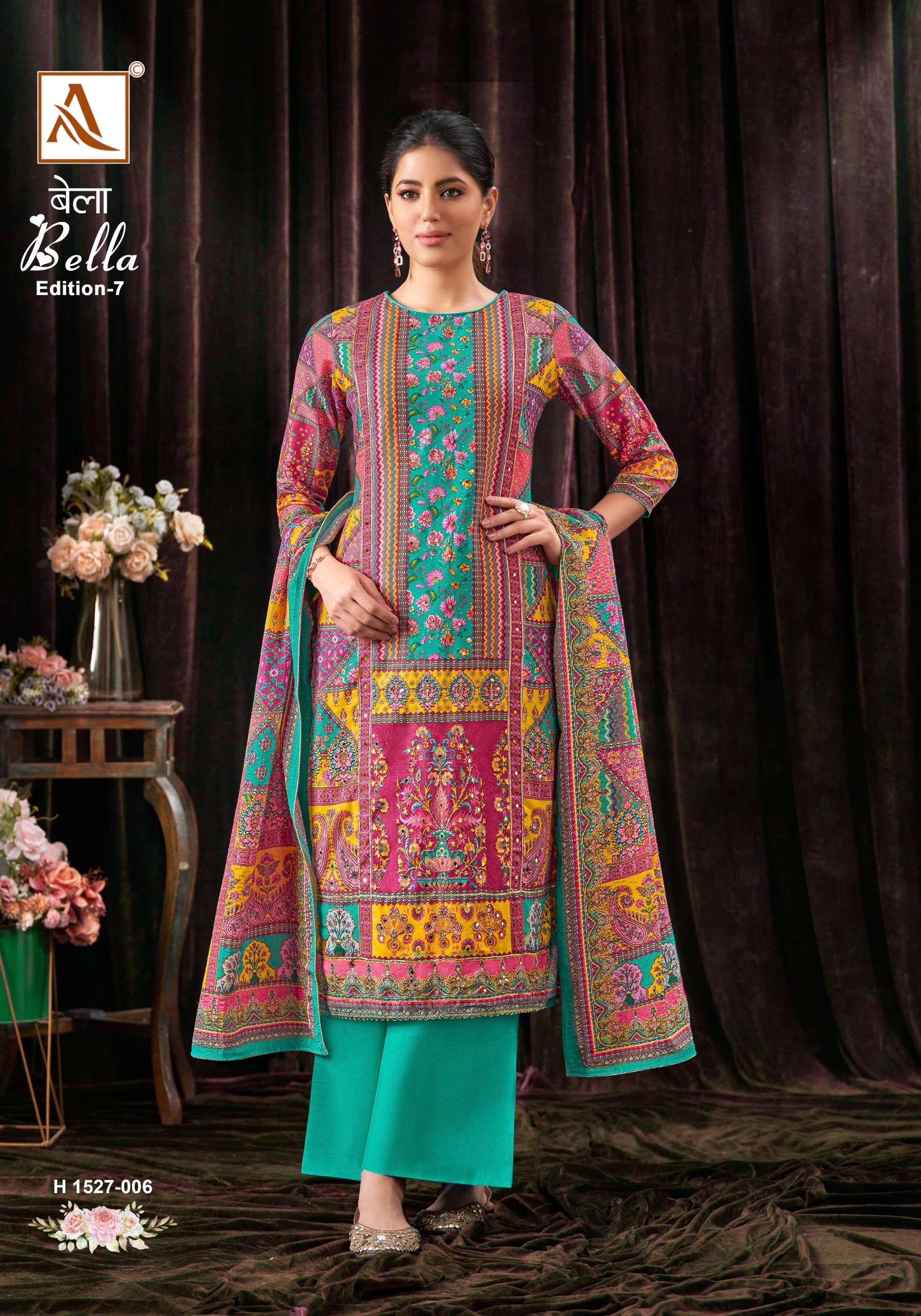 ALOK SUITS BELLA VOL 7 MUSLIN FANCY PRINT WITH WORK SUIT