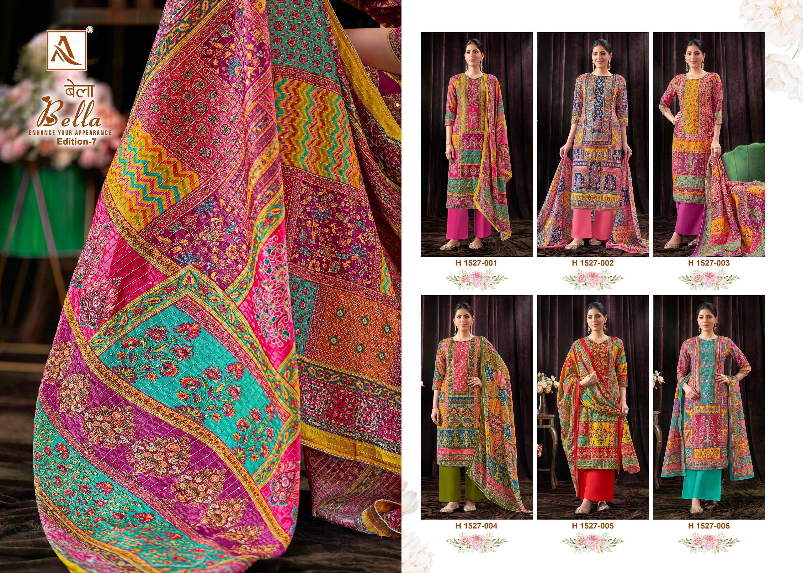 ALOK SUITS BELLA VOL 7 MUSLIN FANCY PRINT WITH WORK SUIT