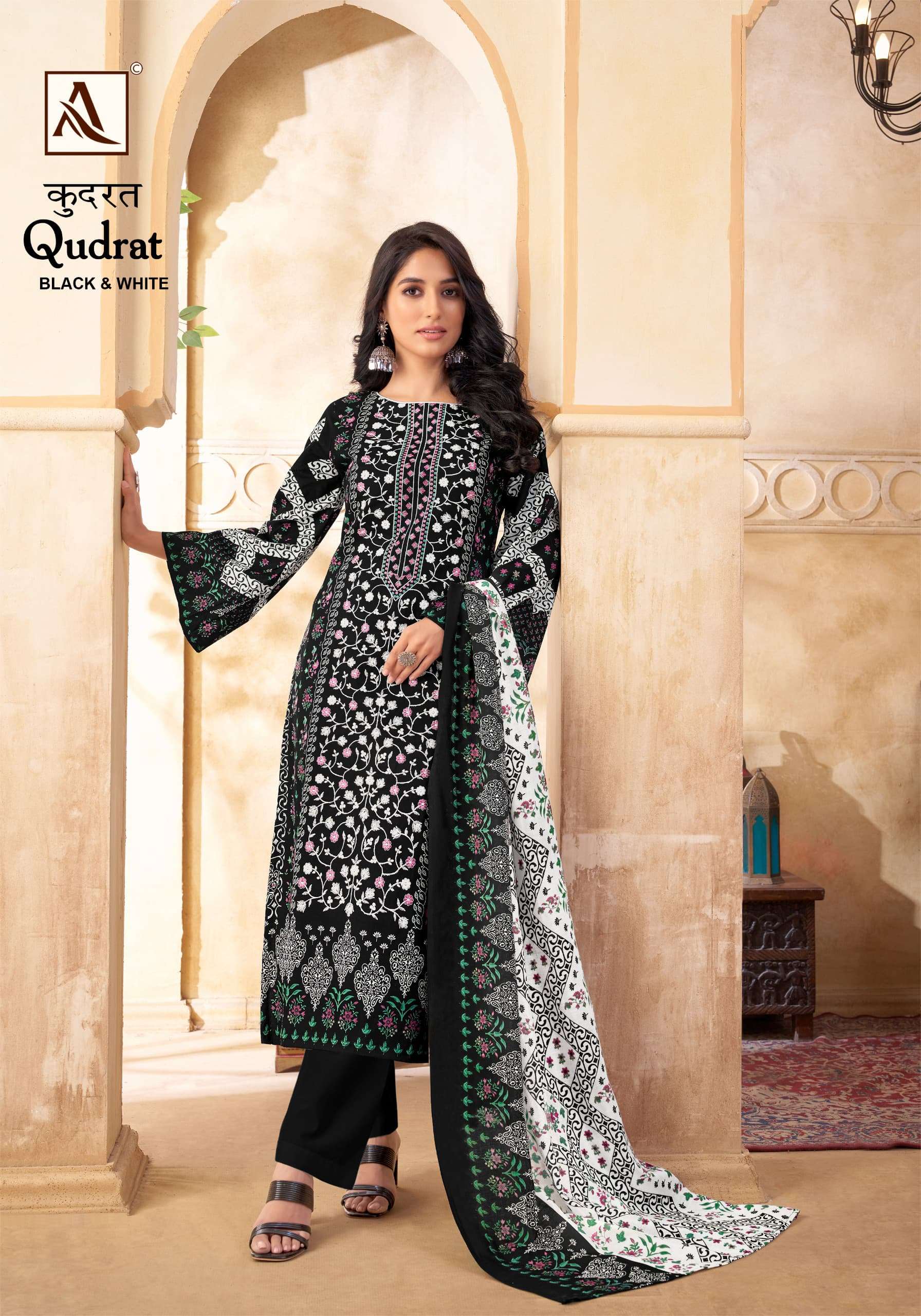 ALOK SUITS QUDRAT BLACK AND WHITE COTTON FANCY WORK SUIT