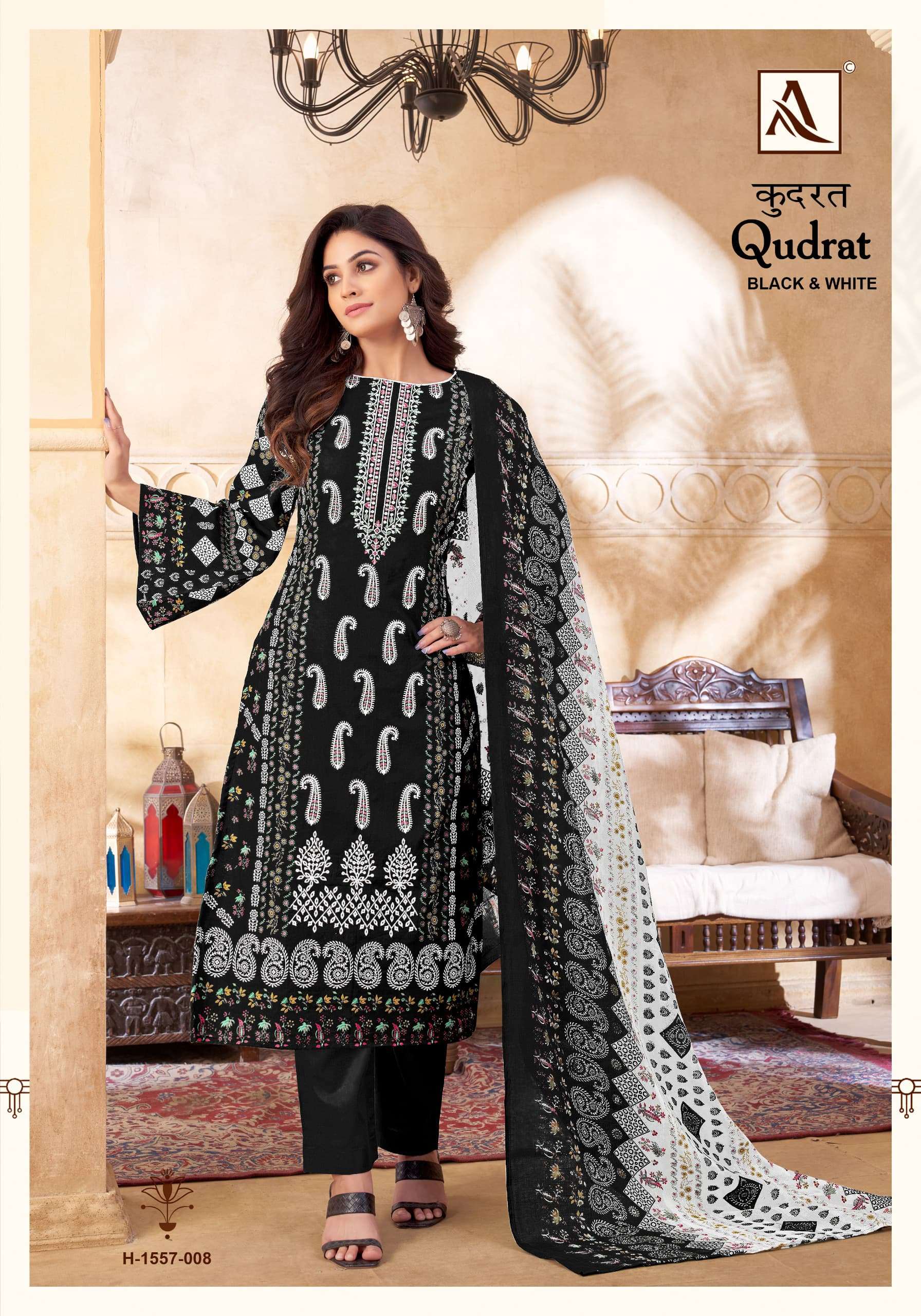 ALOK SUITS QUDRAT BLACK AND WHITE COTTON FANCY WORK SUIT