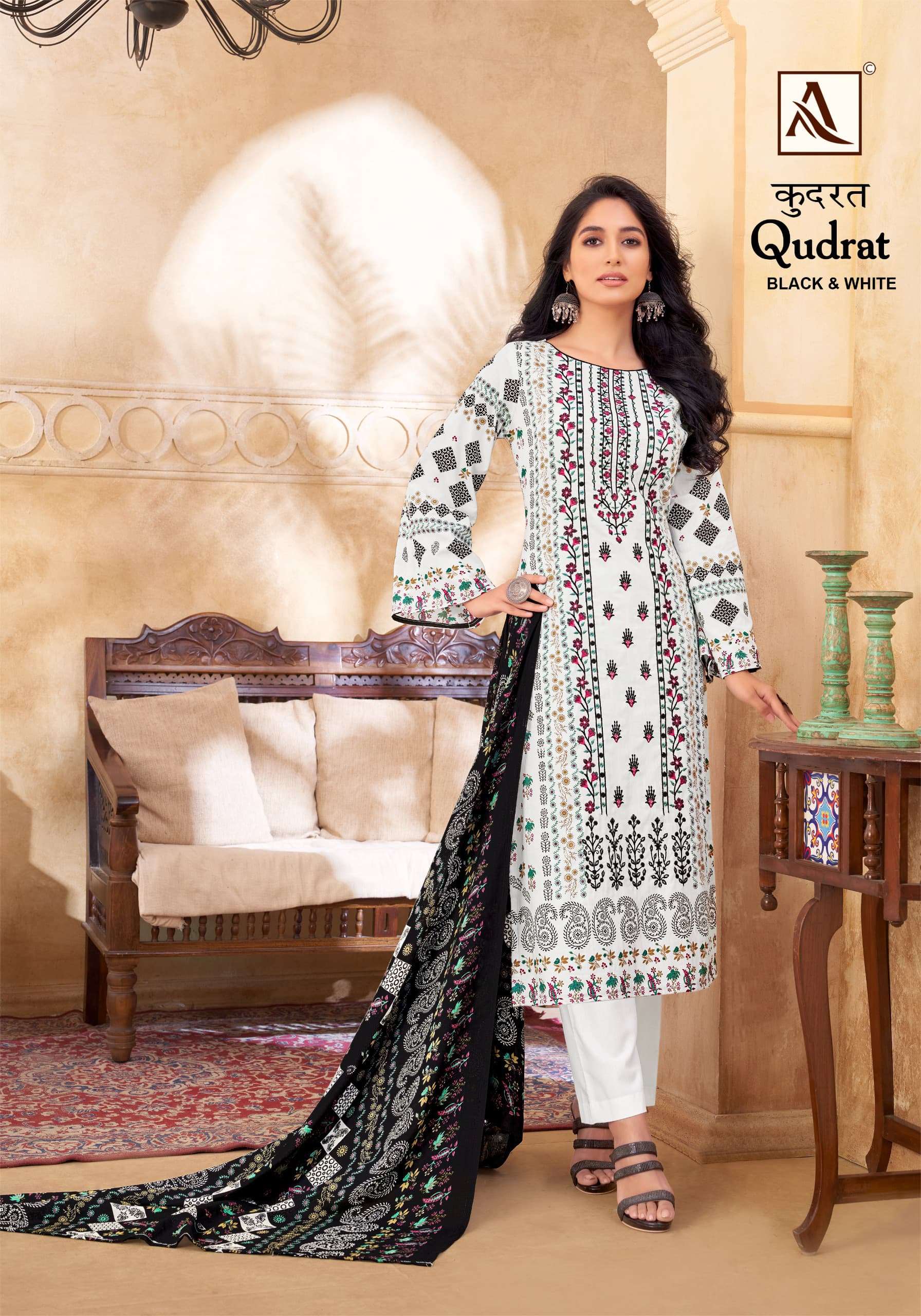ALOK SUITS QUDRAT BLACK AND WHITE COTTON FANCY WORK SUIT