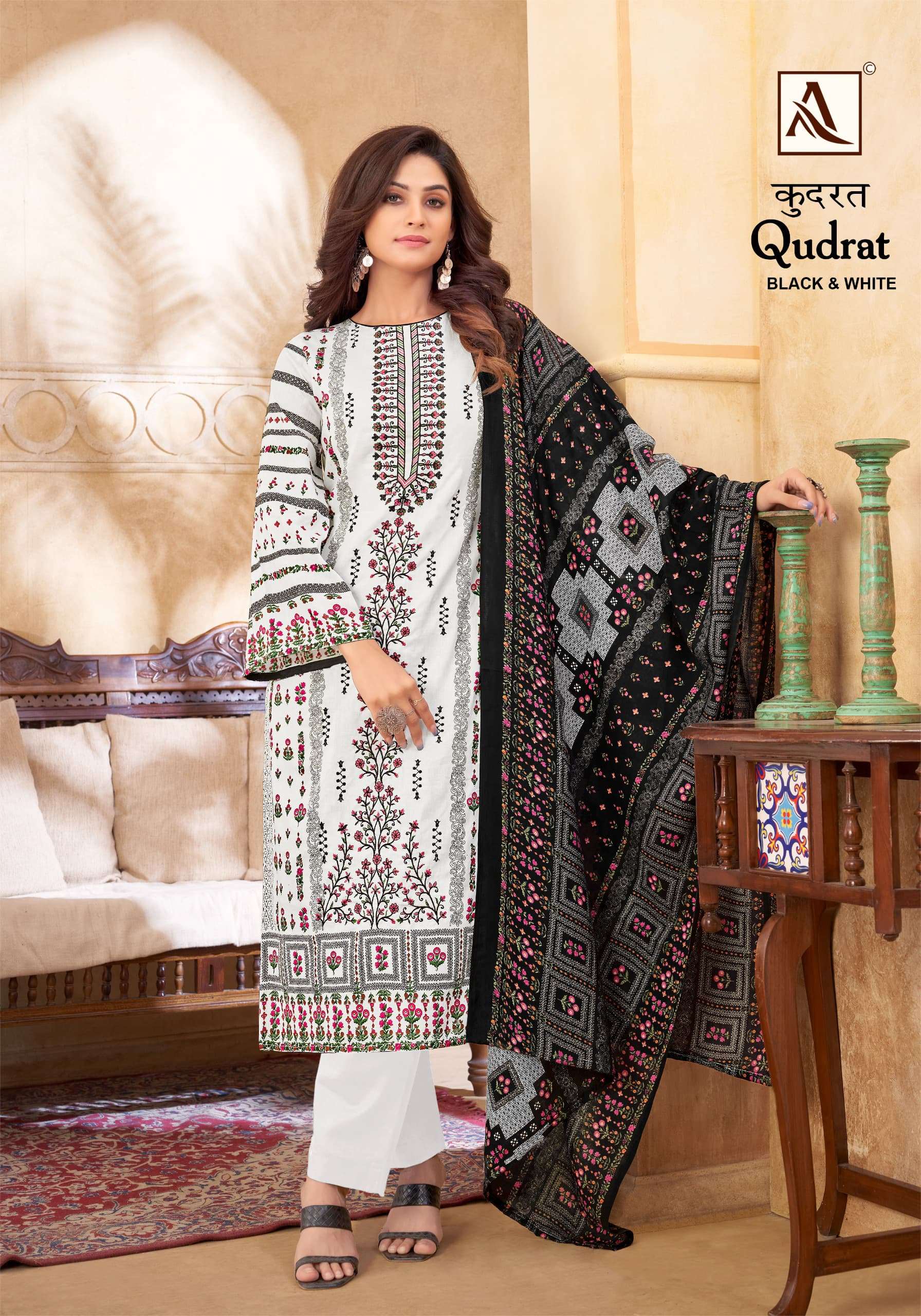 ALOK SUITS QUDRAT BLACK AND WHITE COTTON FANCY WORK SUIT