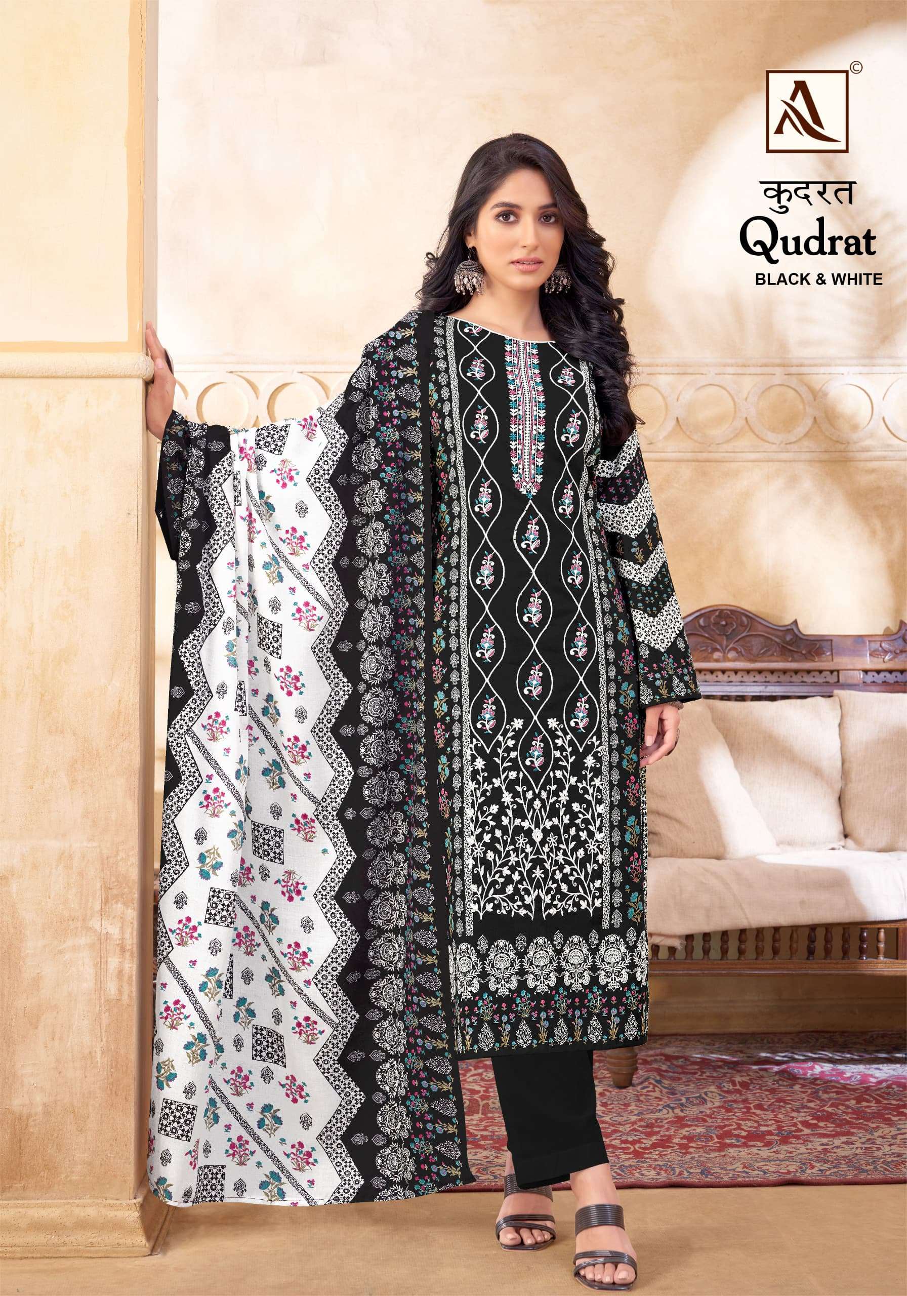 ALOK SUITS QUDRAT BLACK AND WHITE COTTON FANCY WORK SUIT