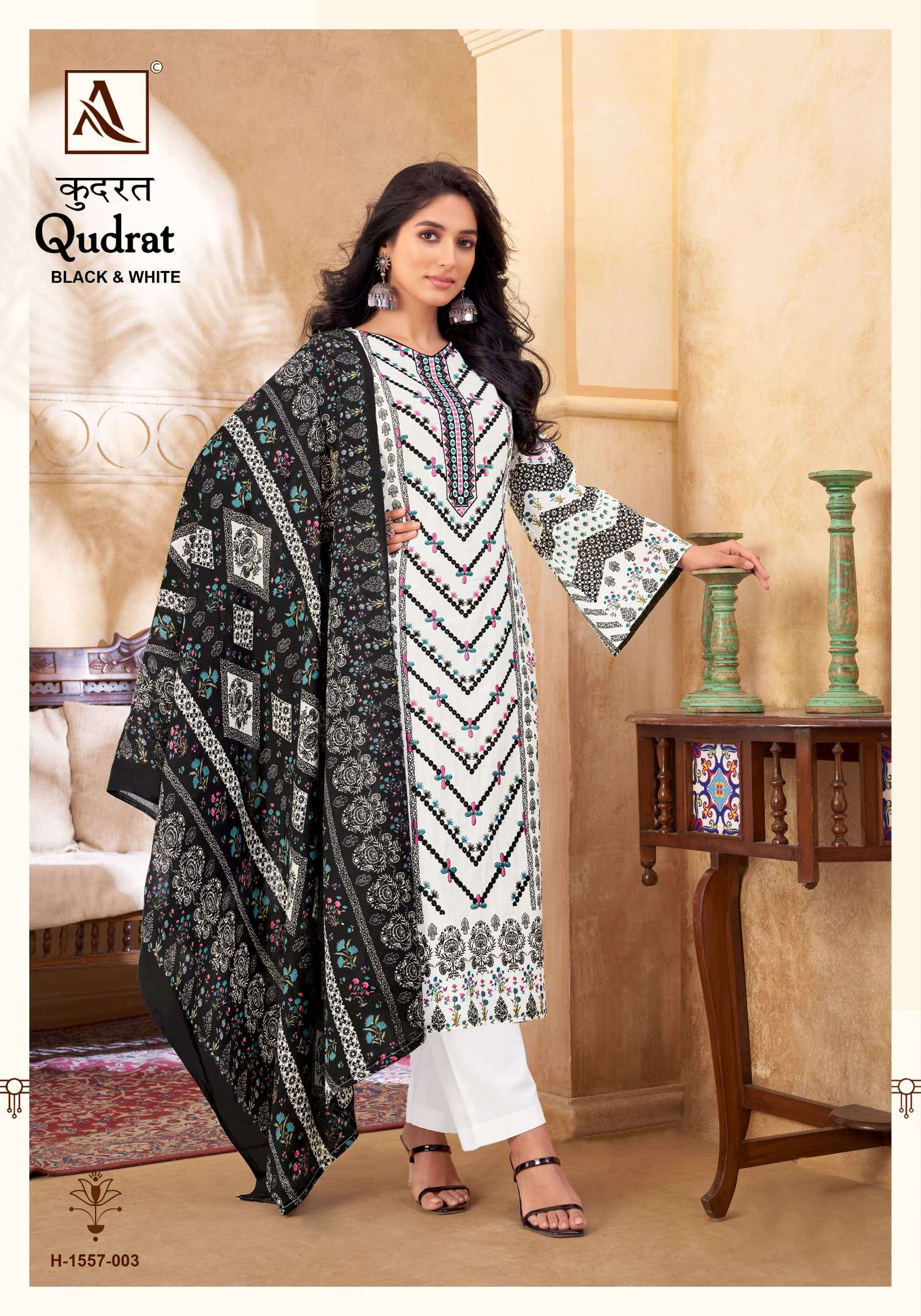 ALOK SUITS QUDRAT BLACK AND WHITE COTTON FANCY WORK SUIT