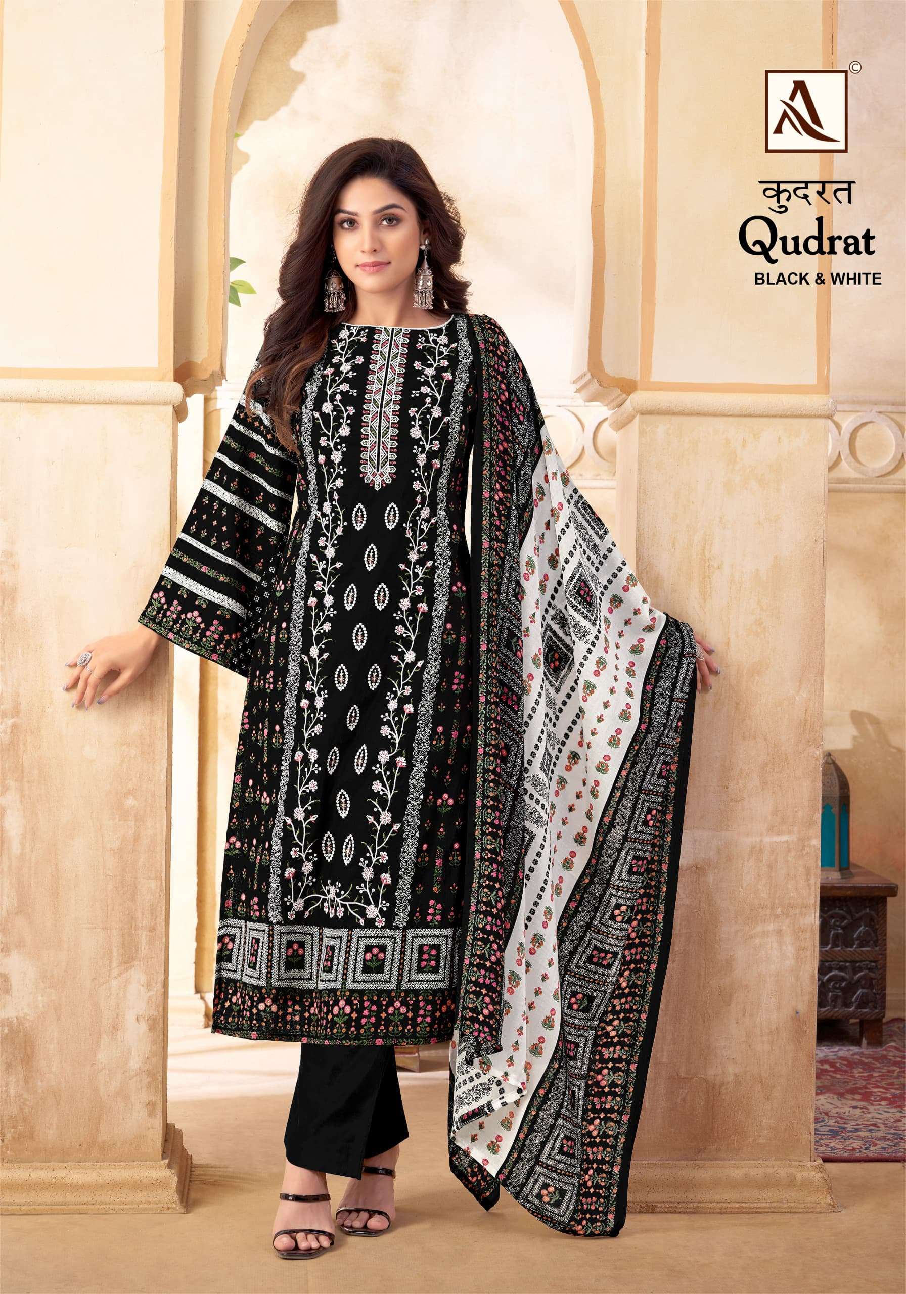 ALOK SUITS QUDRAT BLACK AND WHITE COTTON FANCY WORK SUIT