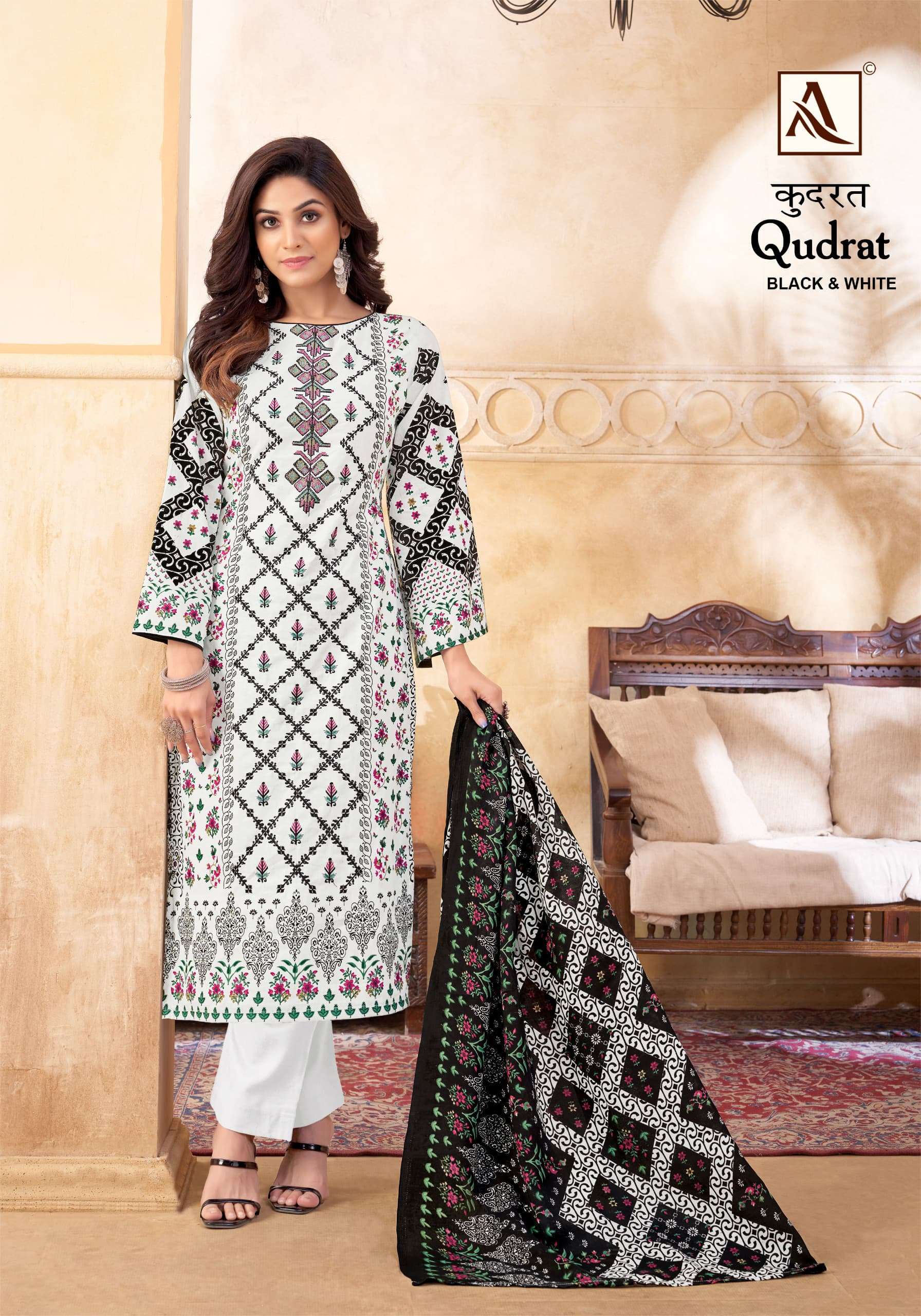 ALOK SUITS QUDRAT BLACK AND WHITE COTTON FANCY WORK SUIT