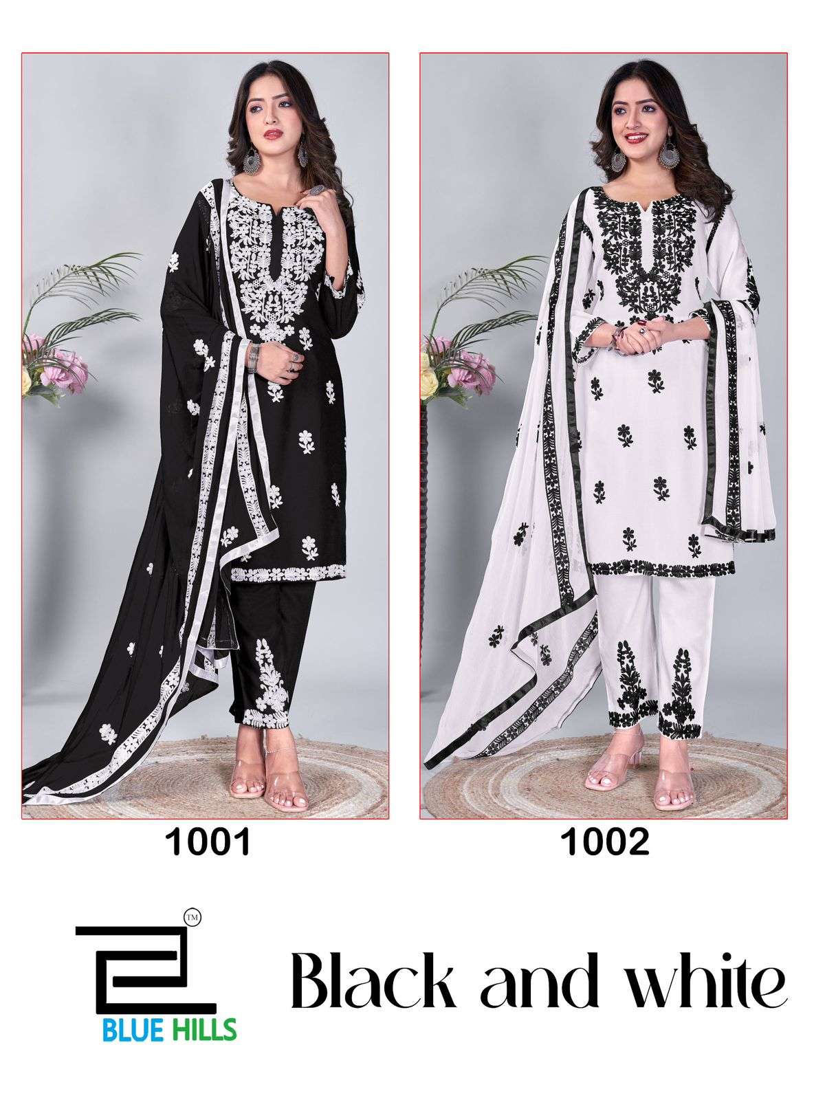 BLUE HILLS BLACK AND WHITE FANCY THREAD WORK KURTI COMBO SET 