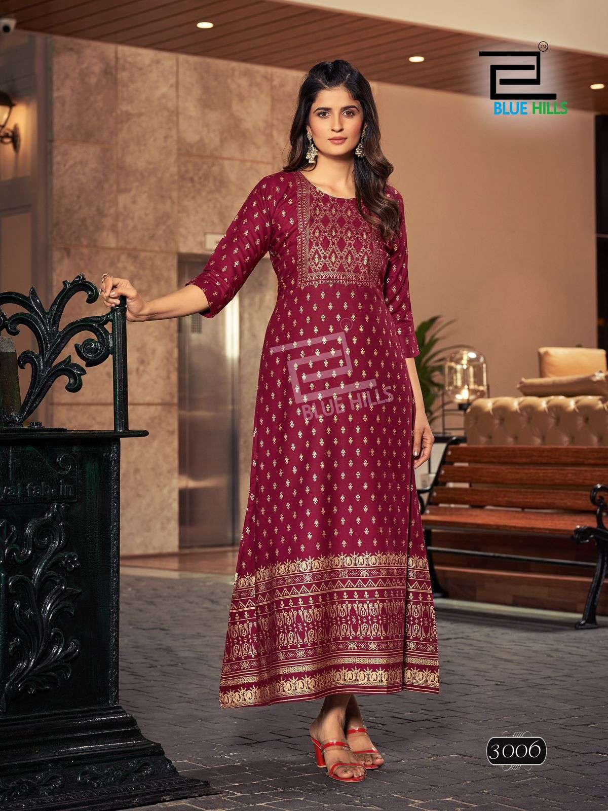 BLUE HILLS REELS VOL 3 RAYON FOIL PRINT FANCY LONG GOWN KURTI