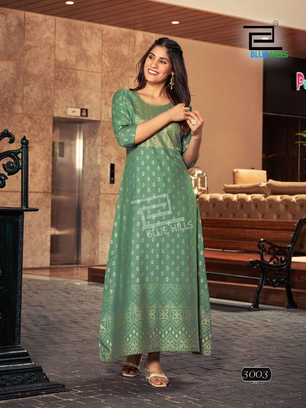 BLUE HILLS REELS VOL 3 RAYON FOIL PRINT FANCY LONG GOWN KURTI