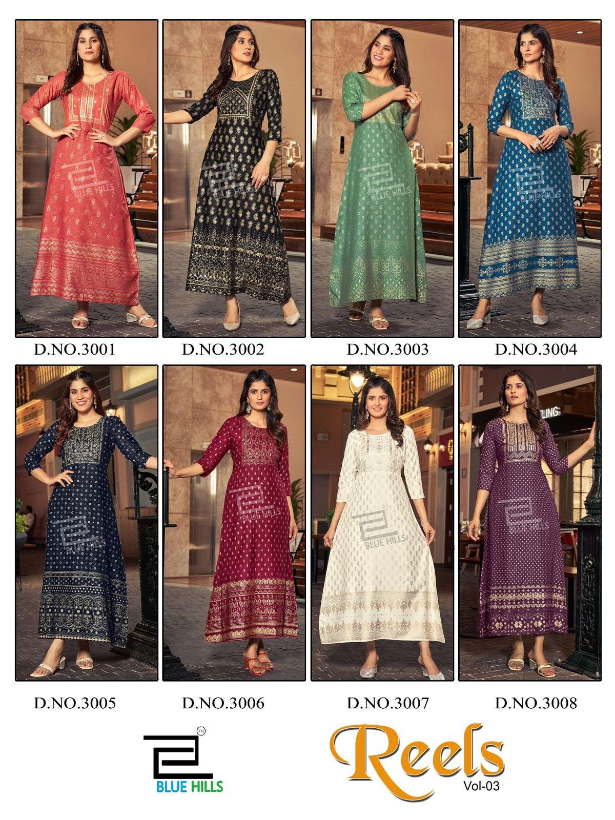 BLUE HILLS REELS VOL 3 RAYON FOIL PRINT FANCY LONG GOWN KURTI
