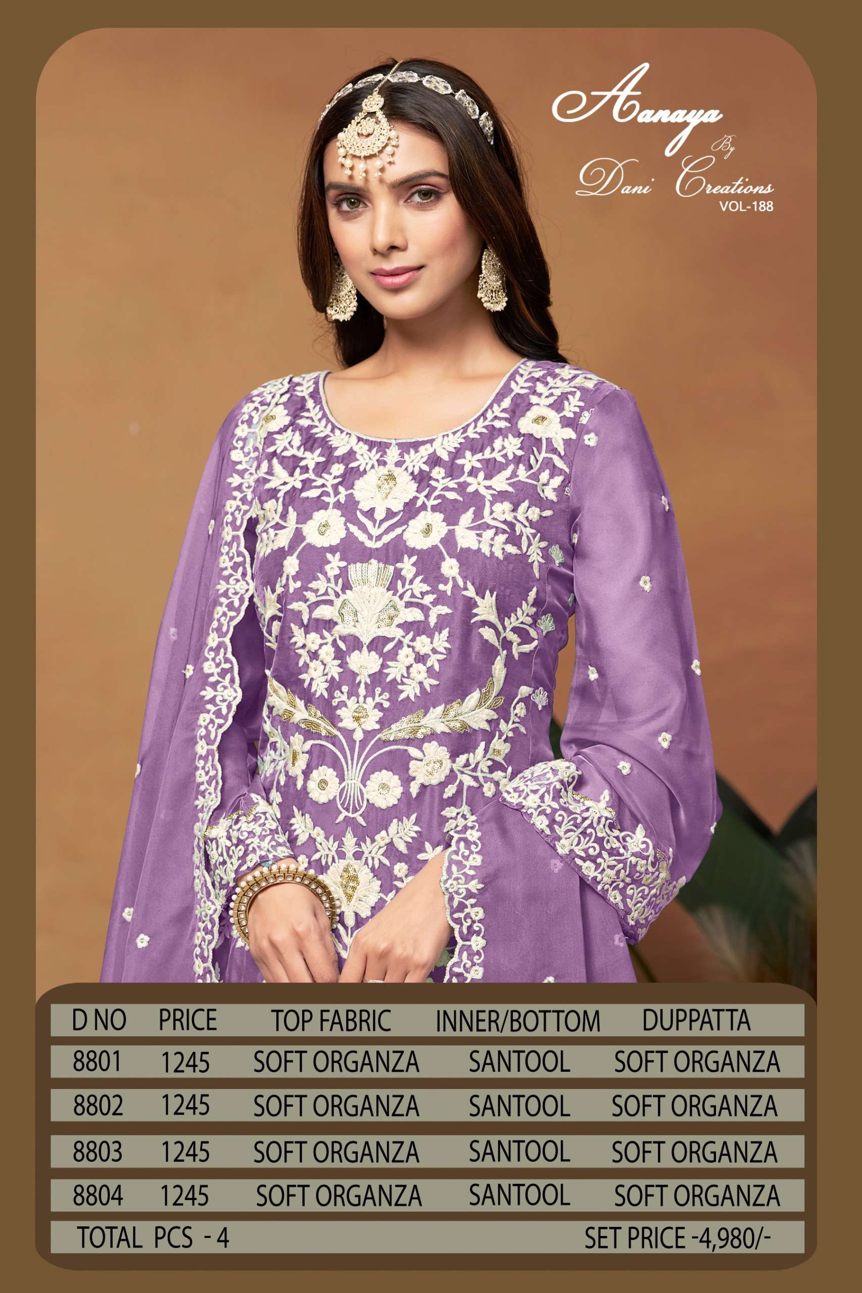  DANI CREATION AANAYA VOL 188 ORGANZA EMBROIDERY DESIGNER SUIT