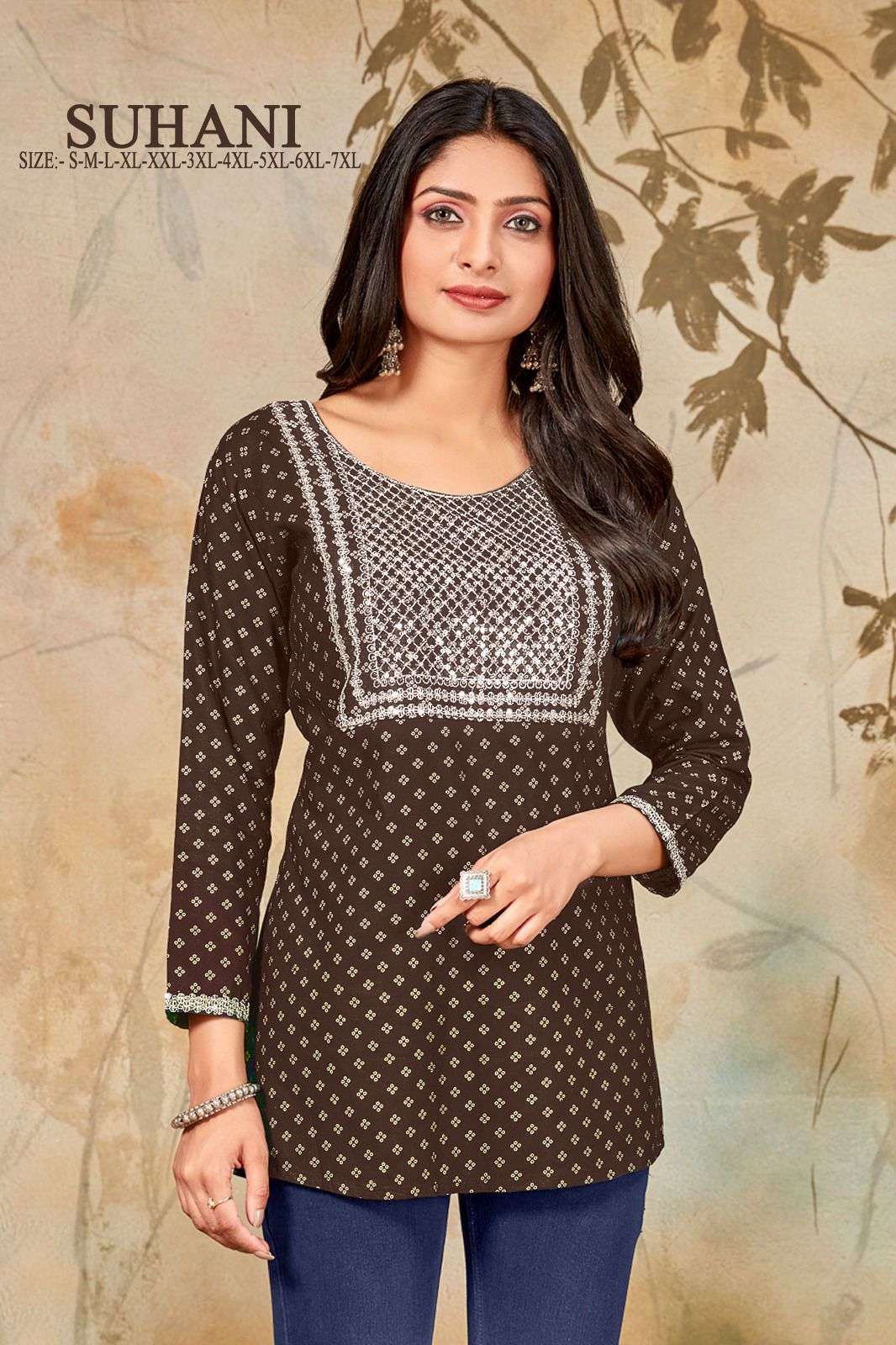 MF SUHANI RAYON GOLD PRINT FANCY SHORT KURTI
