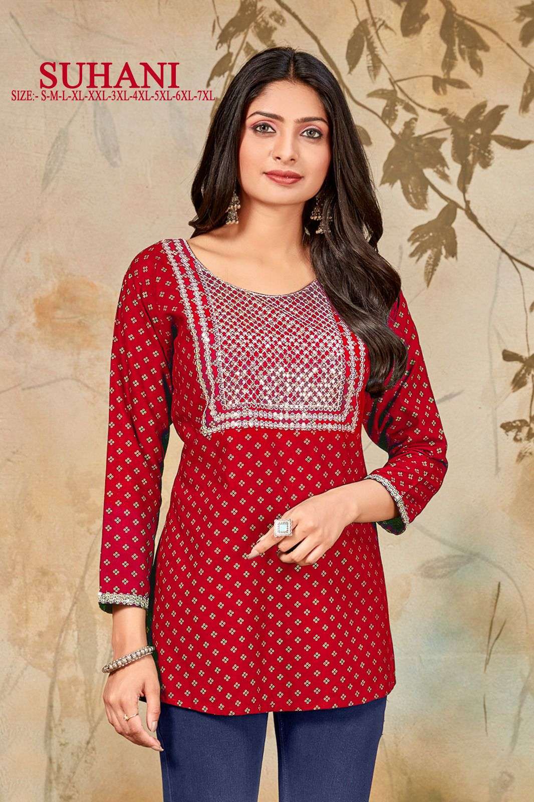 MF SUHANI RAYON GOLD PRINT FANCY SHORT KURTI