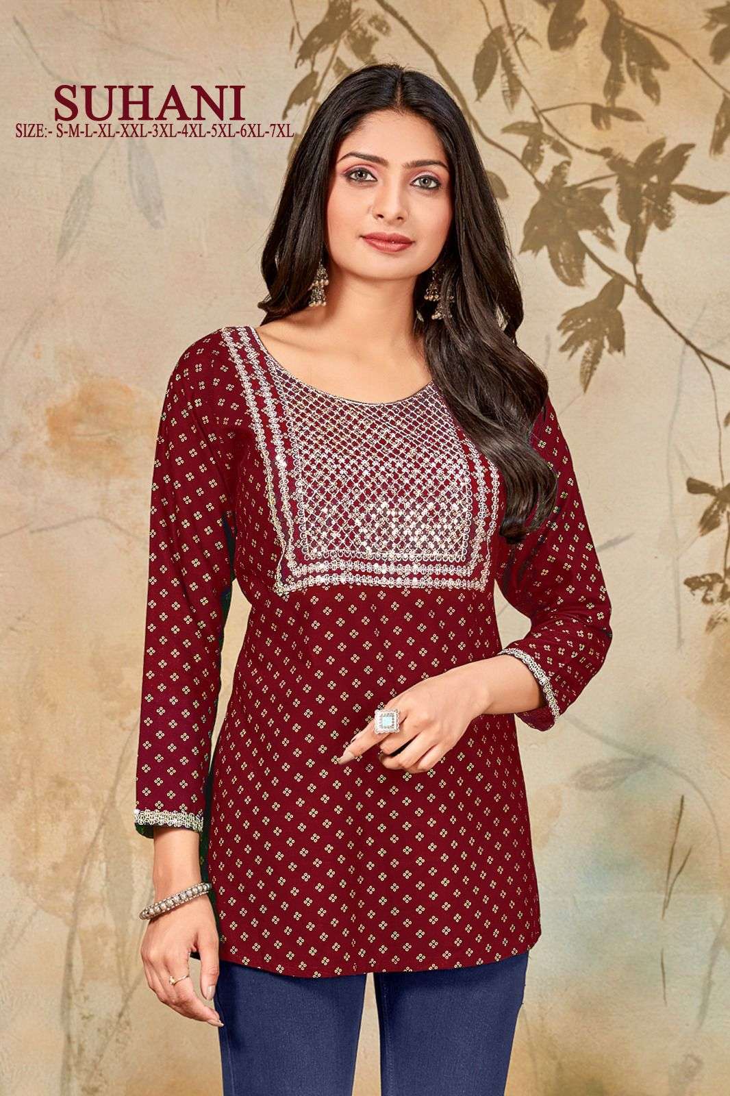 MF SUHANI RAYON GOLD PRINT FANCY SHORT KURTI