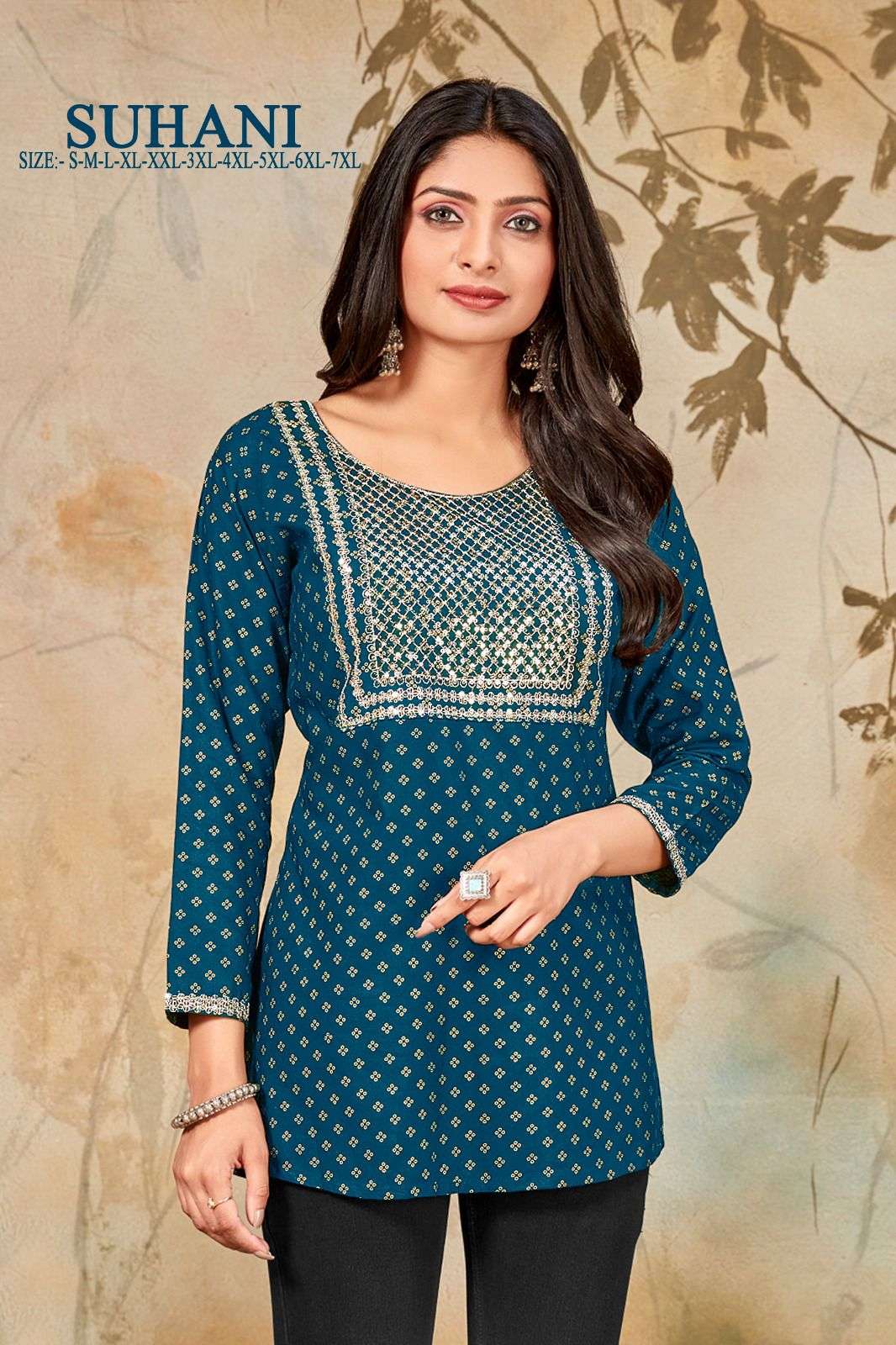 MF SUHANI RAYON GOLD PRINT FANCY SHORT KURTI