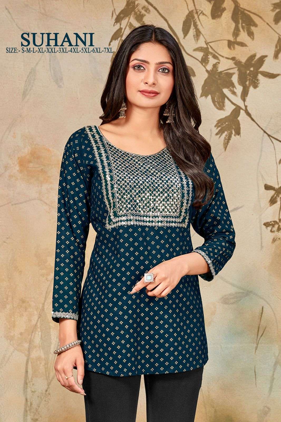 MF SUHANI RAYON GOLD PRINT FANCY SHORT KURTI