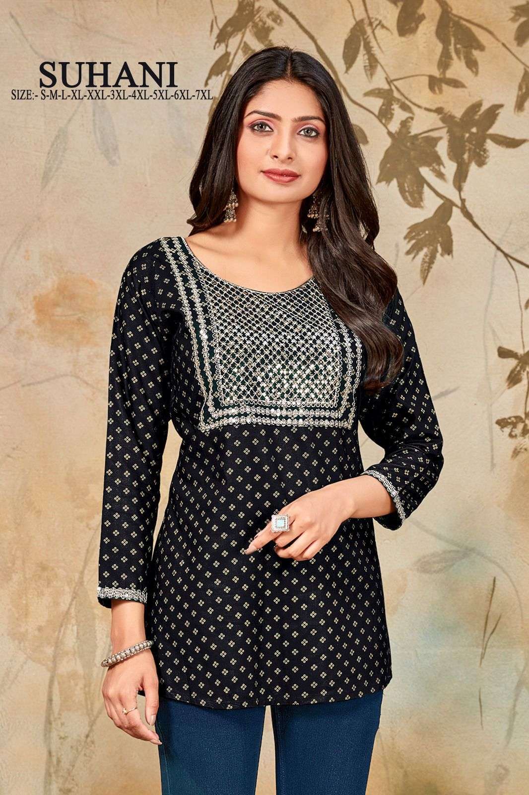 MF SUHANI RAYON GOLD PRINT FANCY SHORT KURTI