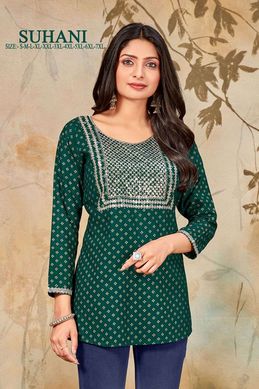 MF SUHANI RAYON GOLD PRINT FANCY SHORT KURTI