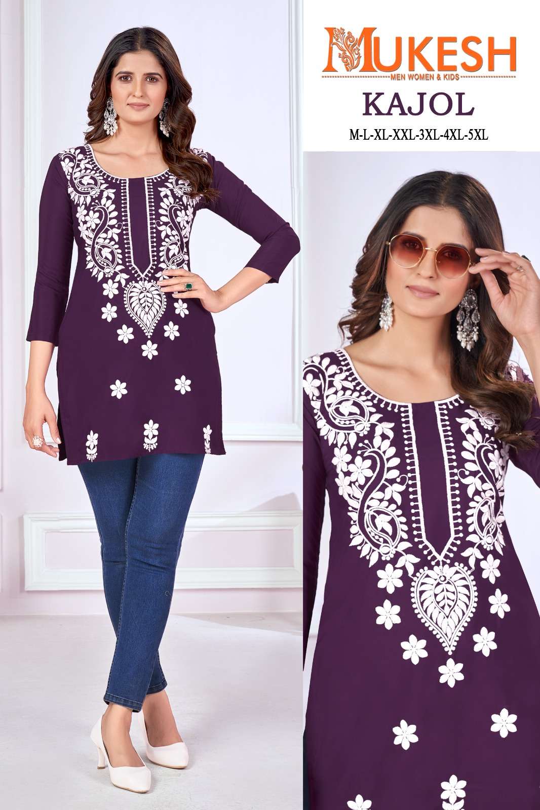 MUKESH KAJOL CHIKANKARI WORK FANCY SHORT KURTI