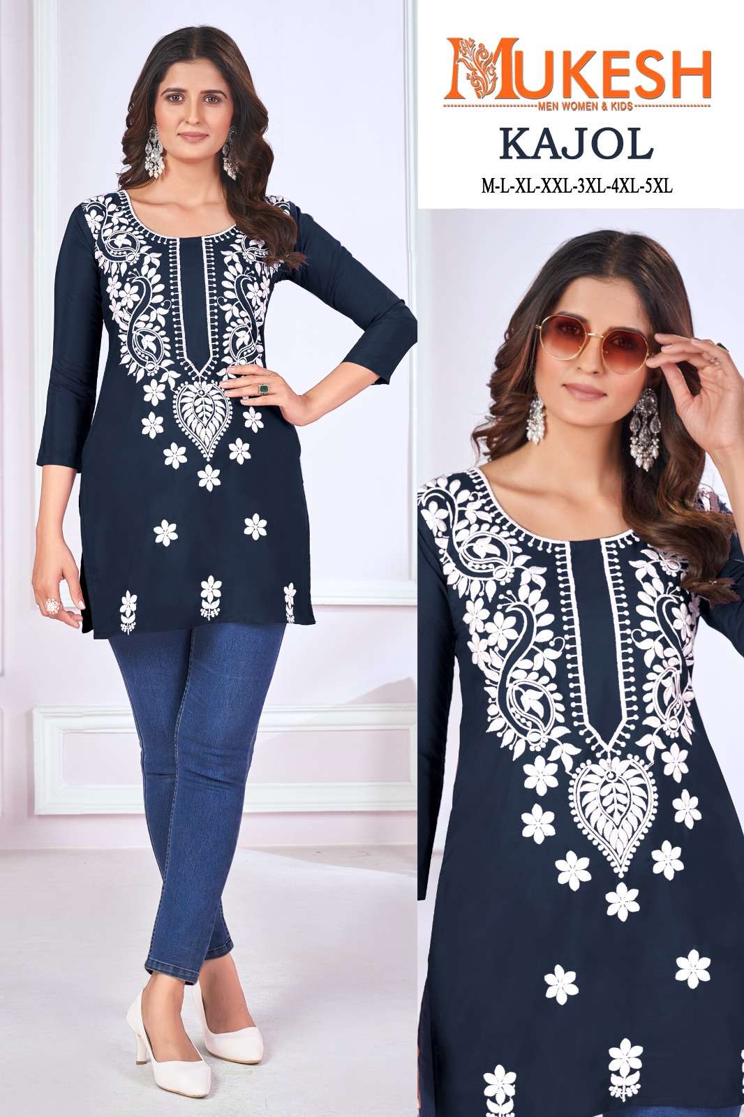 MUKESH KAJOL CHIKANKARI WORK FANCY SHORT KURTI