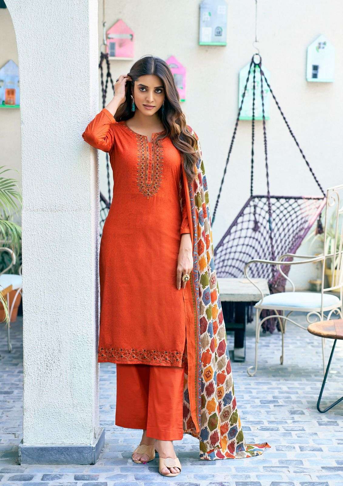 SAANVI  TRENDS ROMANI COTTON PRINT WITH FANCY WORK SUIT