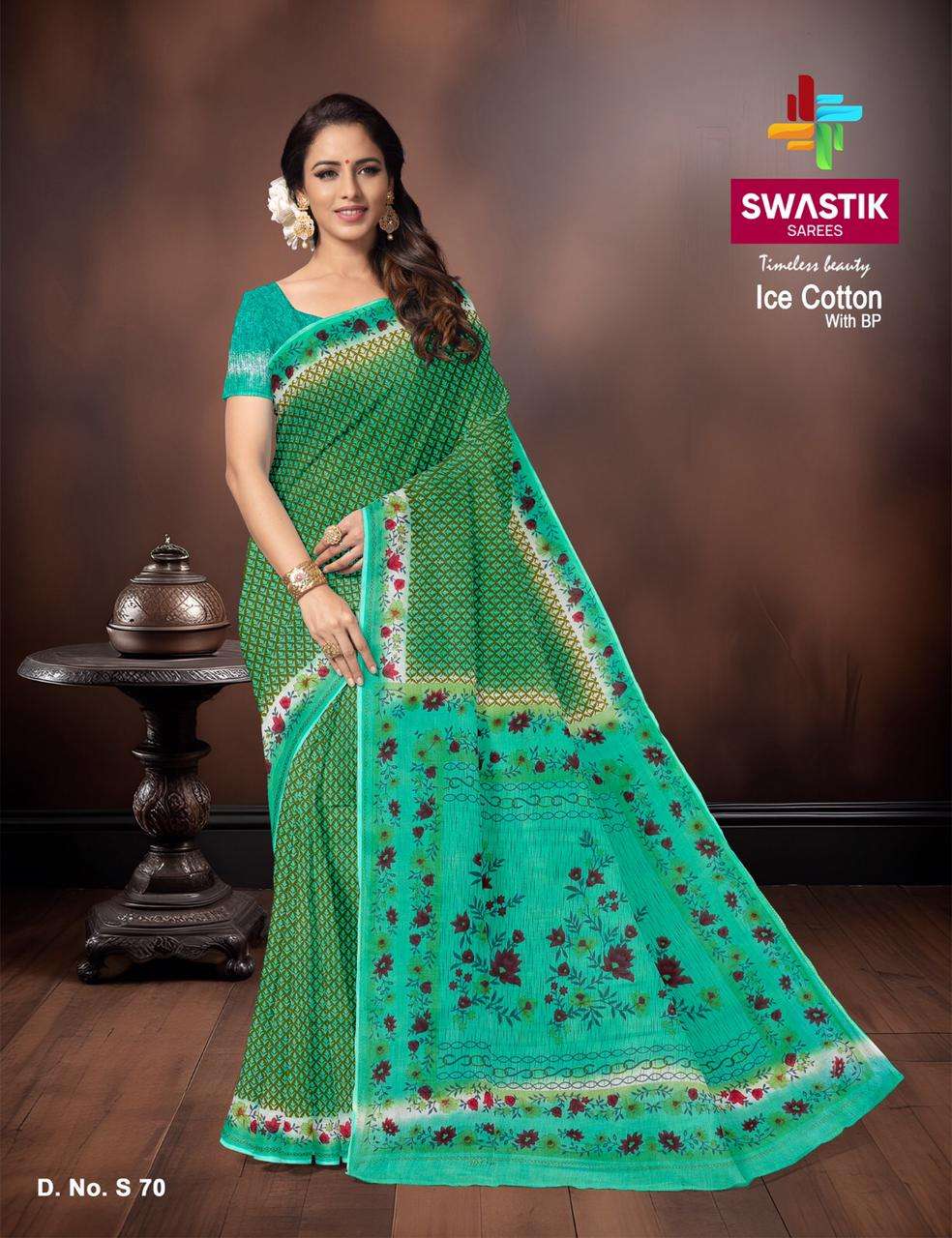 SWASTIK SAREES ICE COTTON BANDHANI PRINT SAREE