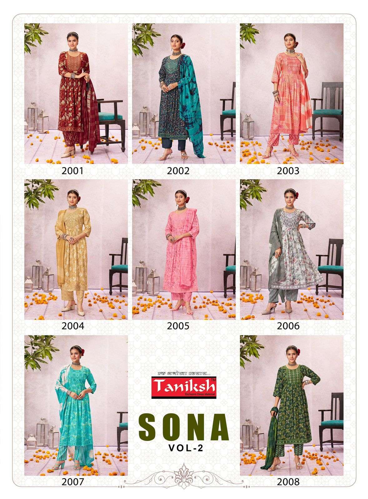 TANIKSH SONA VOL 2 RAYON DESIGNER NAIRA CUT PATTERN KURTI COMBO SET 