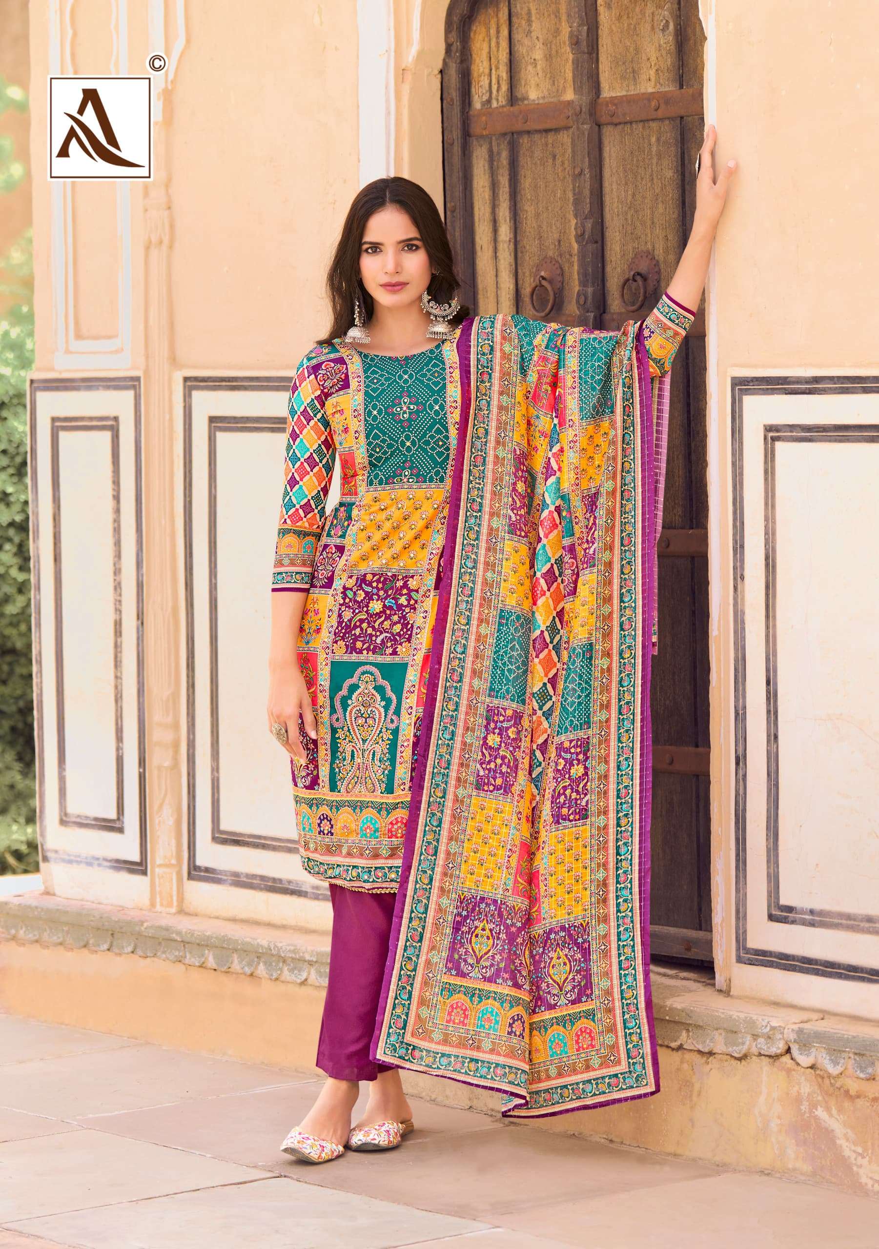 ALOK SUITS BELLA VOL 8 MUSLIN PRINT WITH FANCY HAND WORK SUIT