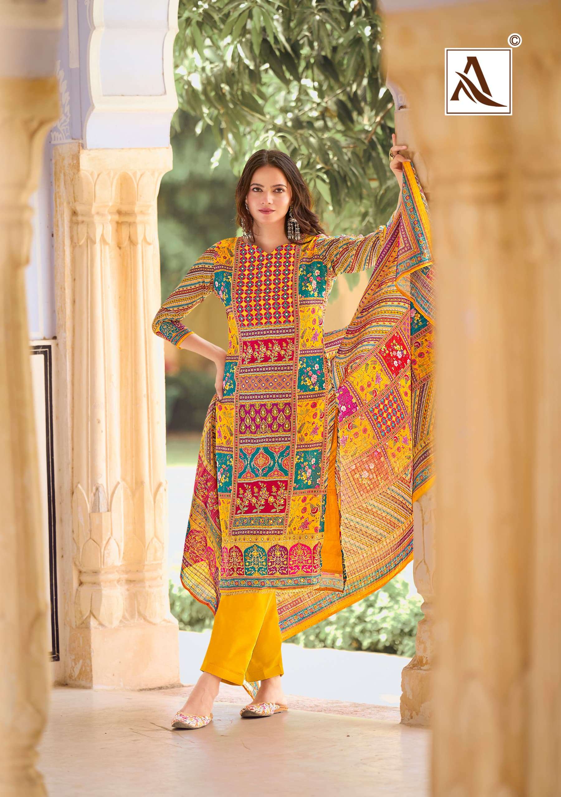 ALOK SUITS BELLA VOL 8 MUSLIN PRINT WITH FANCY HAND WORK SUIT