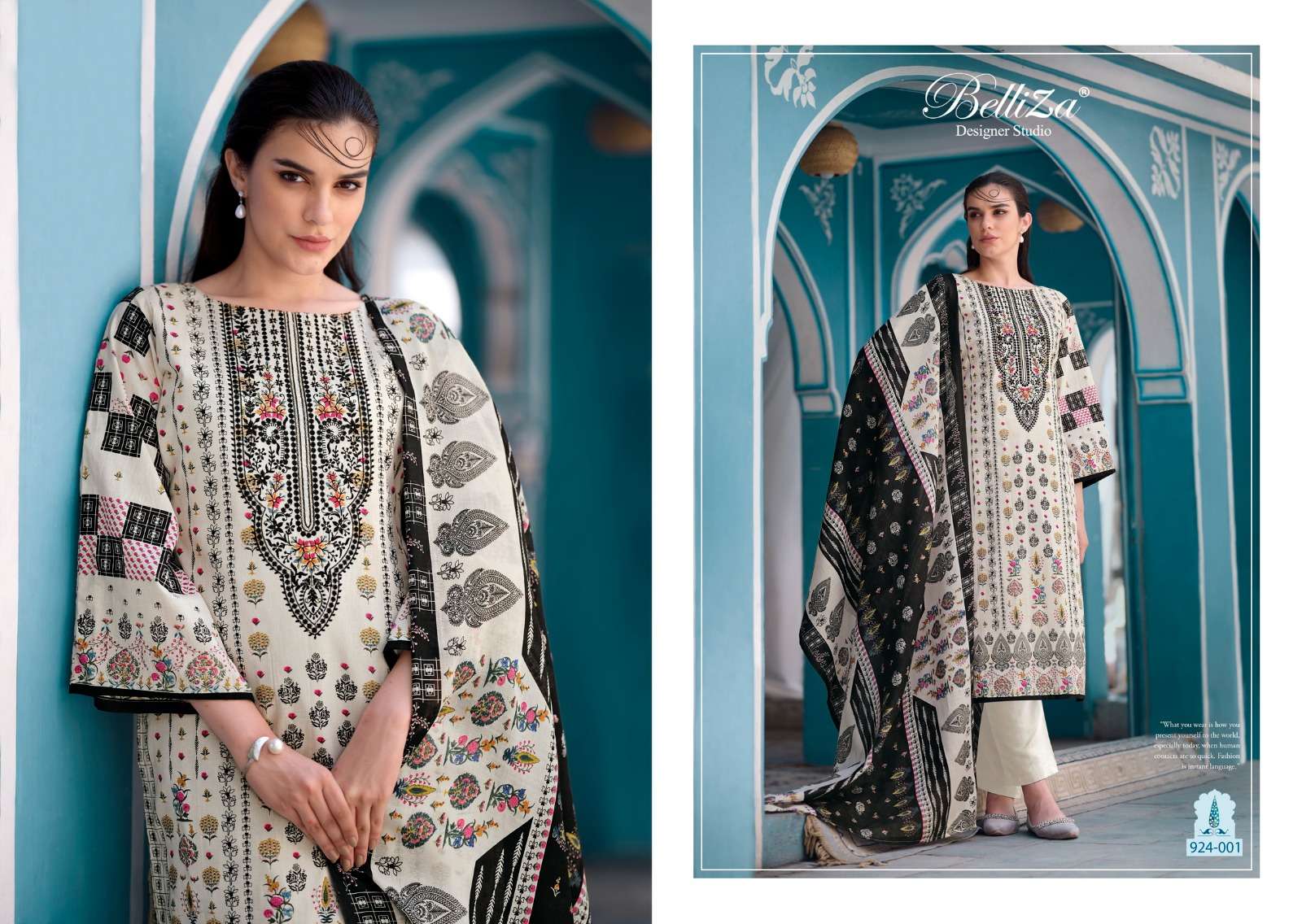 BELLIZA DESIGNER STUDIO NAIRA BLACK AND WHITE COTTON FANCY WORK SUIT