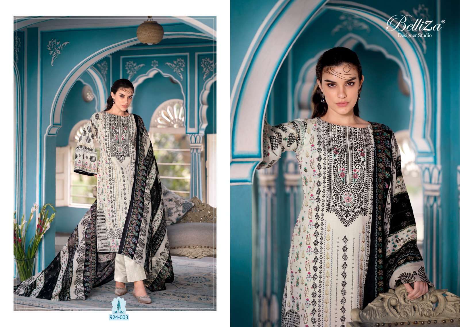 BELLIZA DESIGNER STUDIO NAIRA BLACK AND WHITE COTTON FANCY WORK SUIT