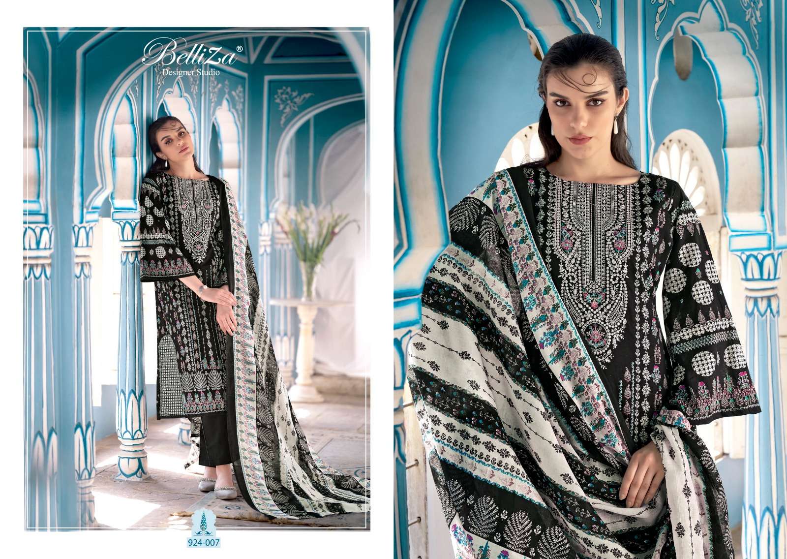 BELLIZA DESIGNER STUDIO NAIRA BLACK AND WHITE COTTON FANCY WORK SUIT