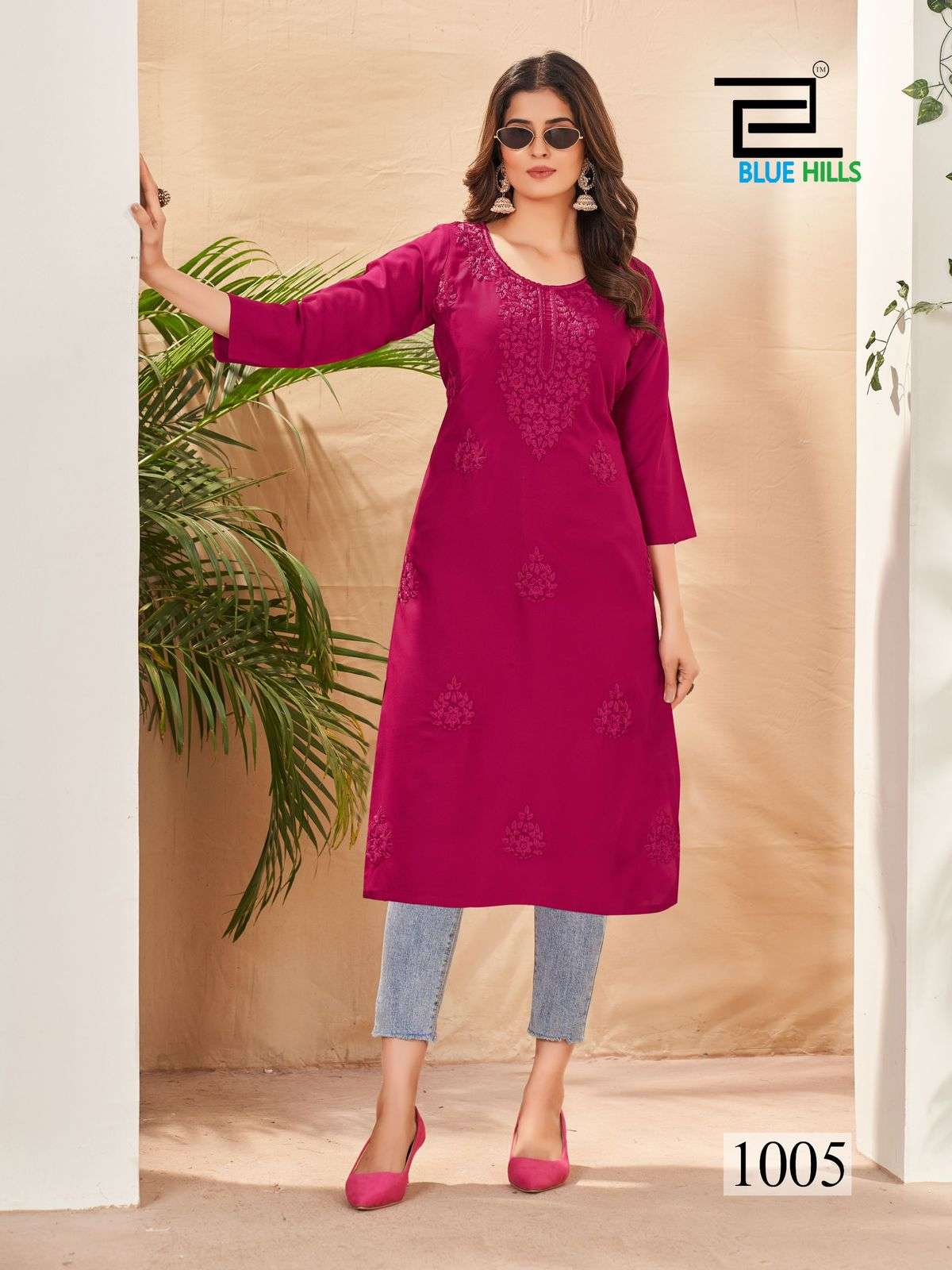 BLUE HILLS SUPRIYA RAYON CHIKANKARI WORK FANCY KURTI